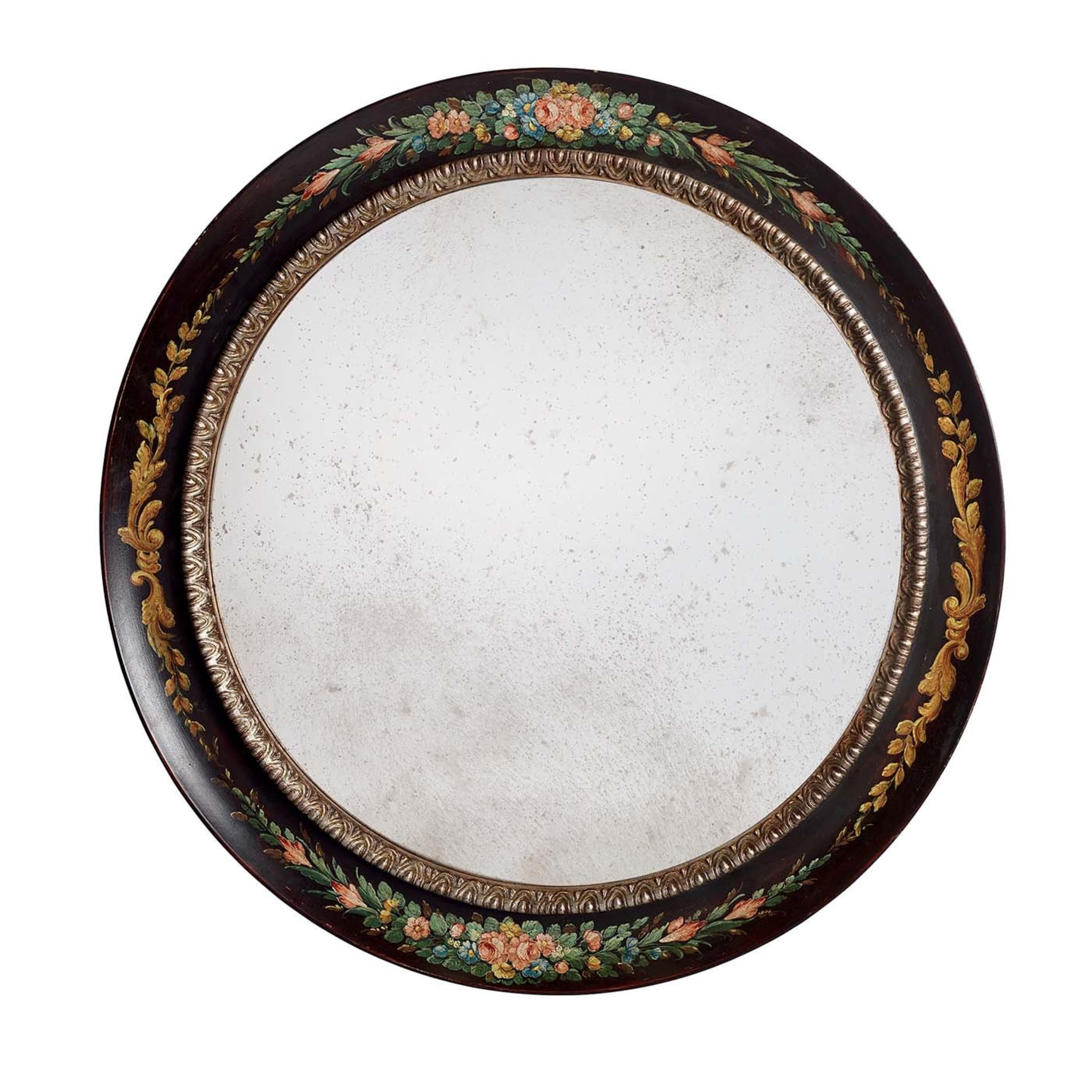 Round Black Wall Mirror with Floral Decoration - Main view