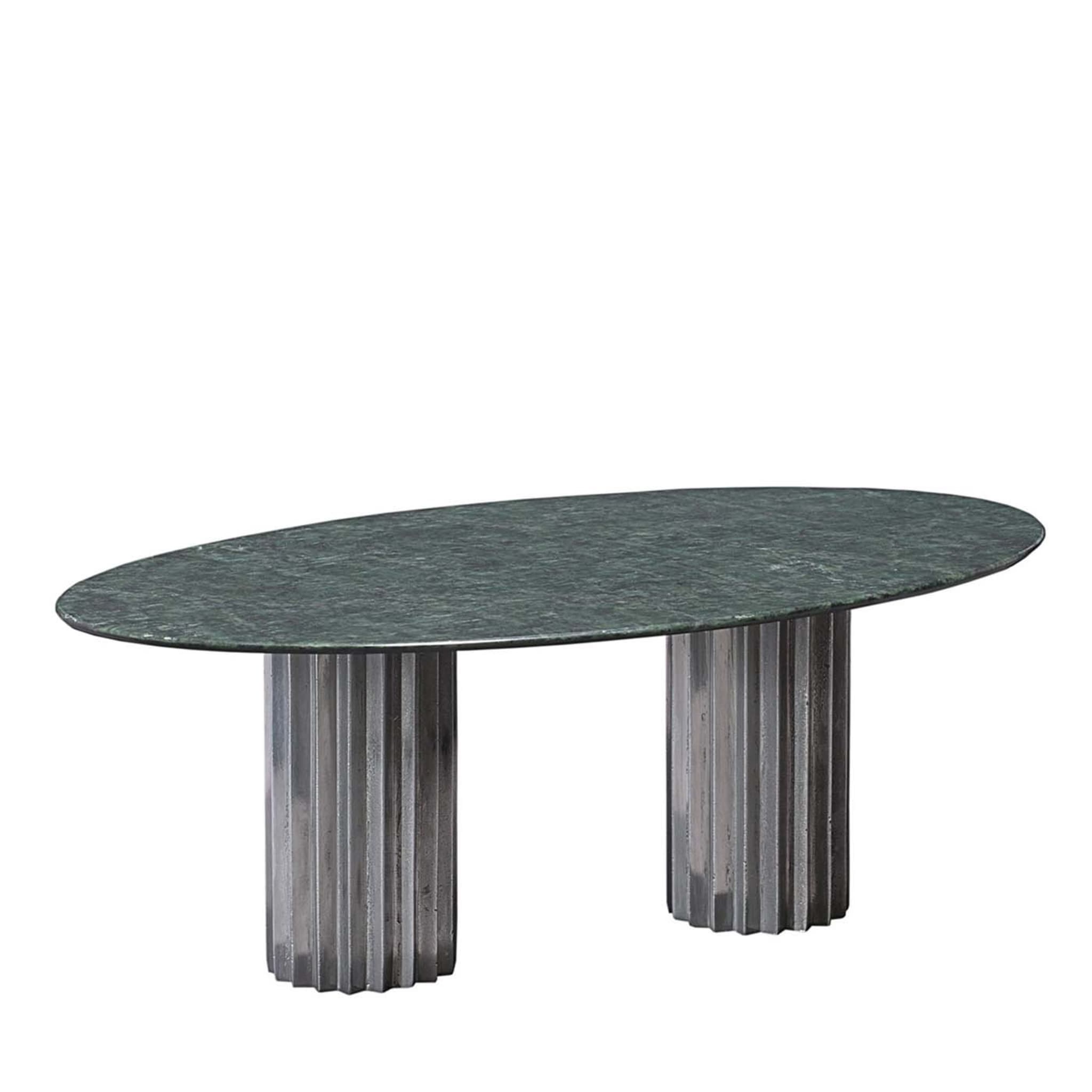Table de salle à manger ovale Doris en marbre vert et aluminium - Vue principale