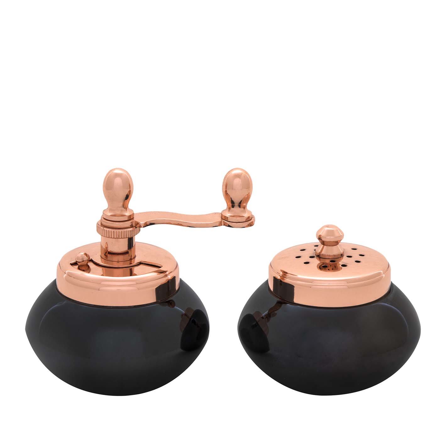 Black Nickel And Copper Plated Brass Pepper Mill And Salt Shaker - Chiarugi 1952