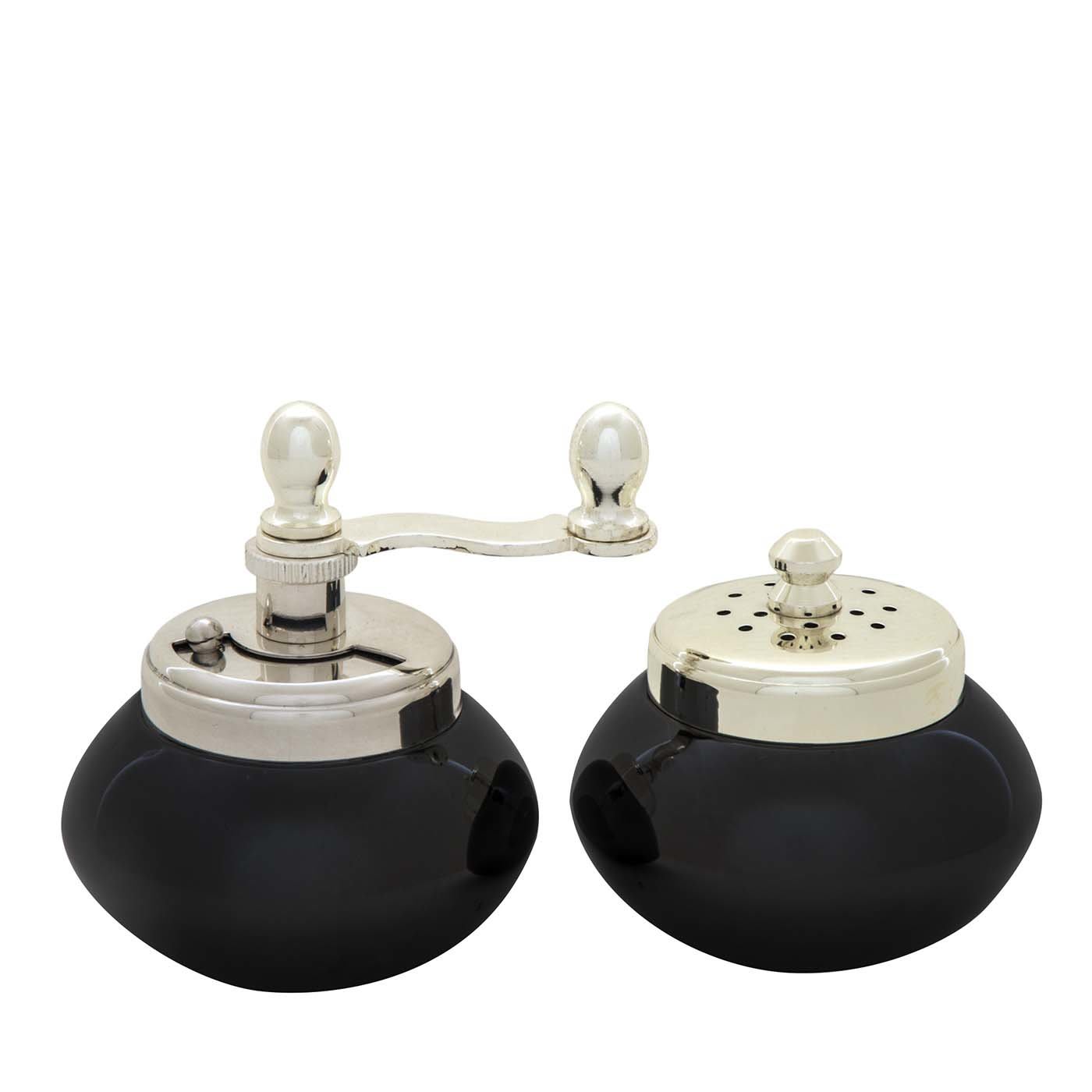 Black Nickel And Silver Plated Brass Pepper Mill And Salt Shaker - Chiarugi 1952