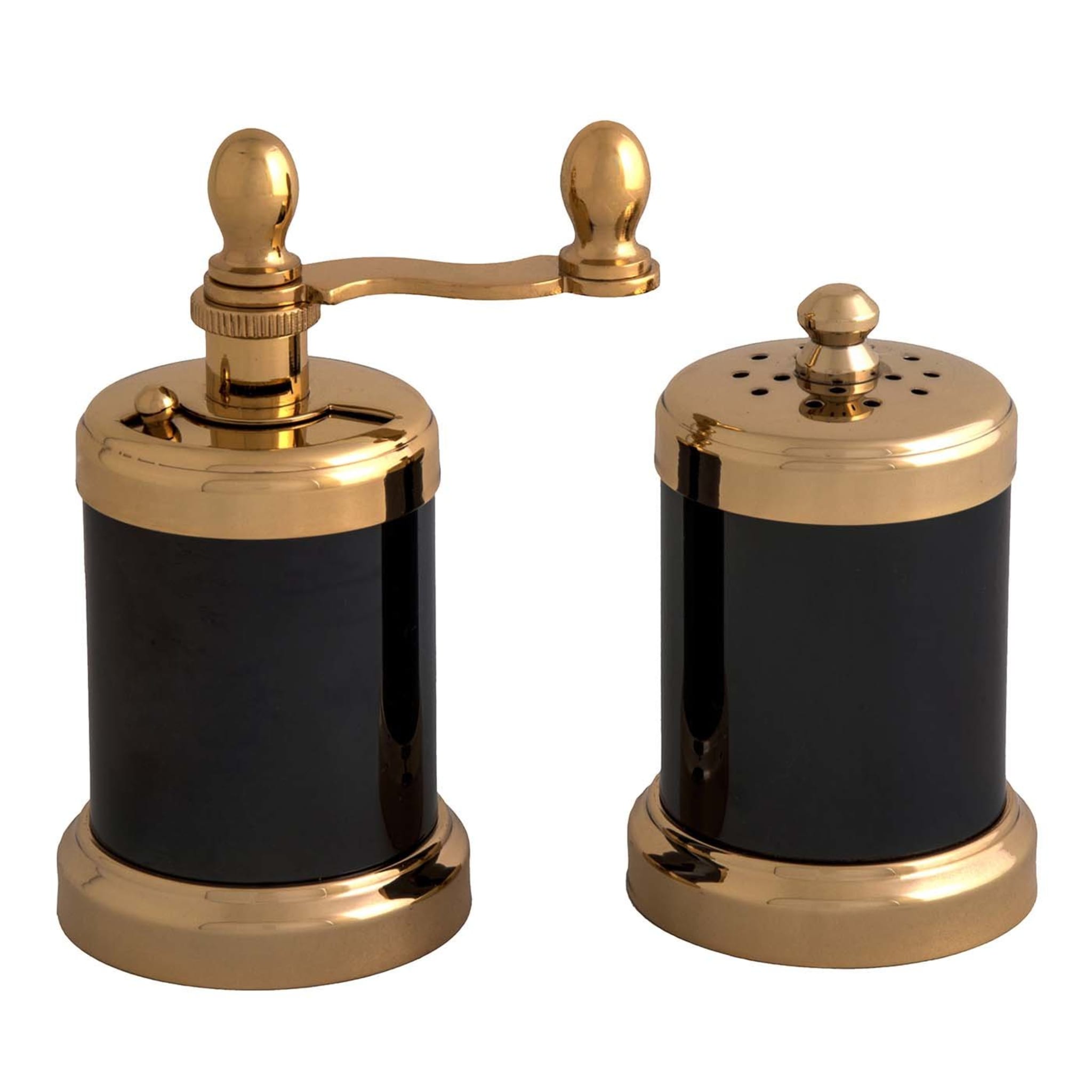 Gold and Black Nickel-Plated Brass Salt Shaker and Pepper Mill - Main view