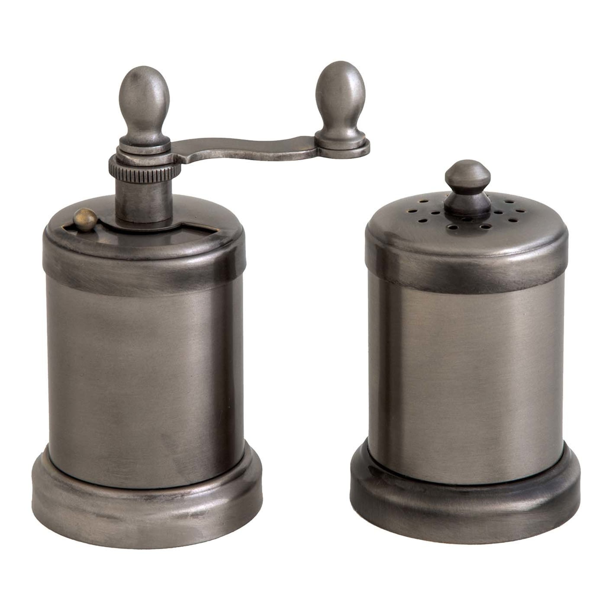 Aged Silver-Plated Brass Pepper Mill and Salt Shaker - Main view