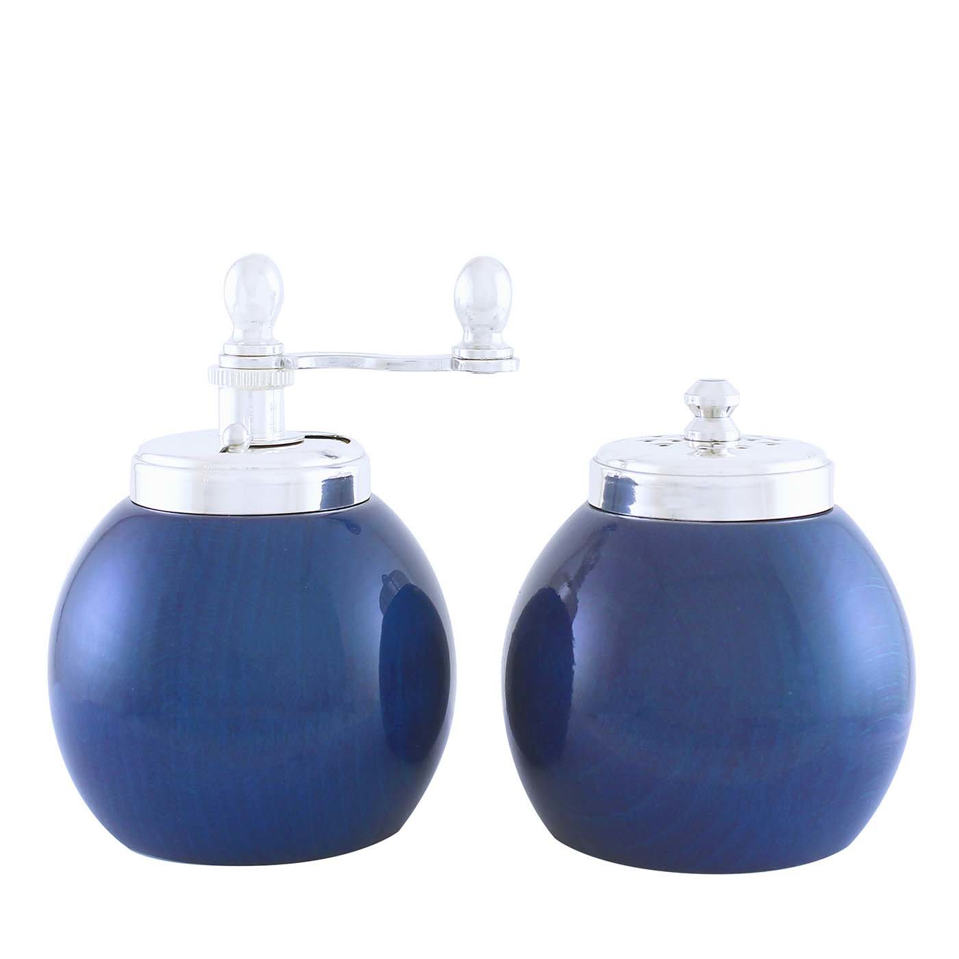 Blue Wood and Silver-Plated Brass Salt Shaker and Pepper Grinder - Chiarugi 1952