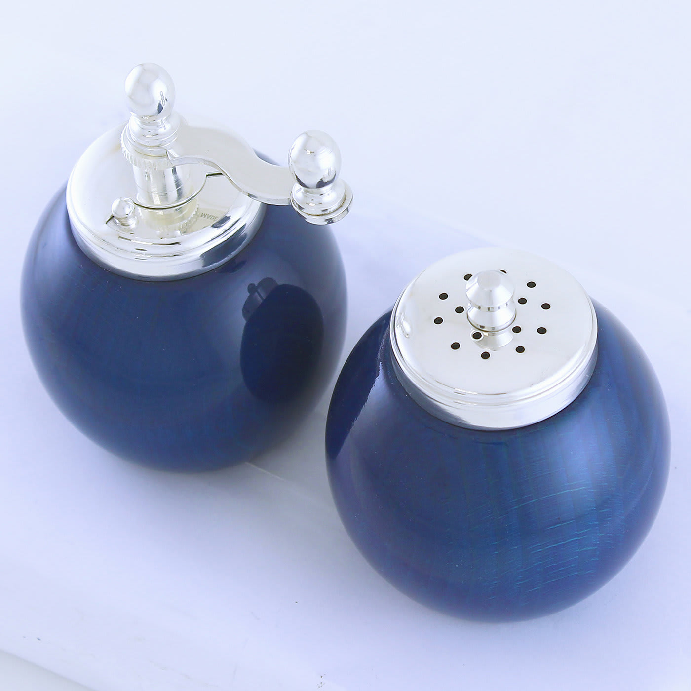 Blue Wood and Silver-Plated Brass Salt Shaker and Pepper Grinder - Chiarugi 1952