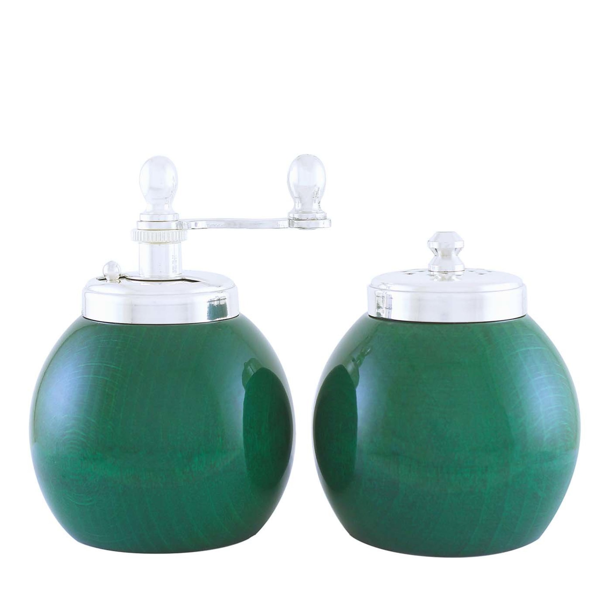 Green Wood and Silver-Plated Brass Salt Shaker and Pepper Mill - Main view