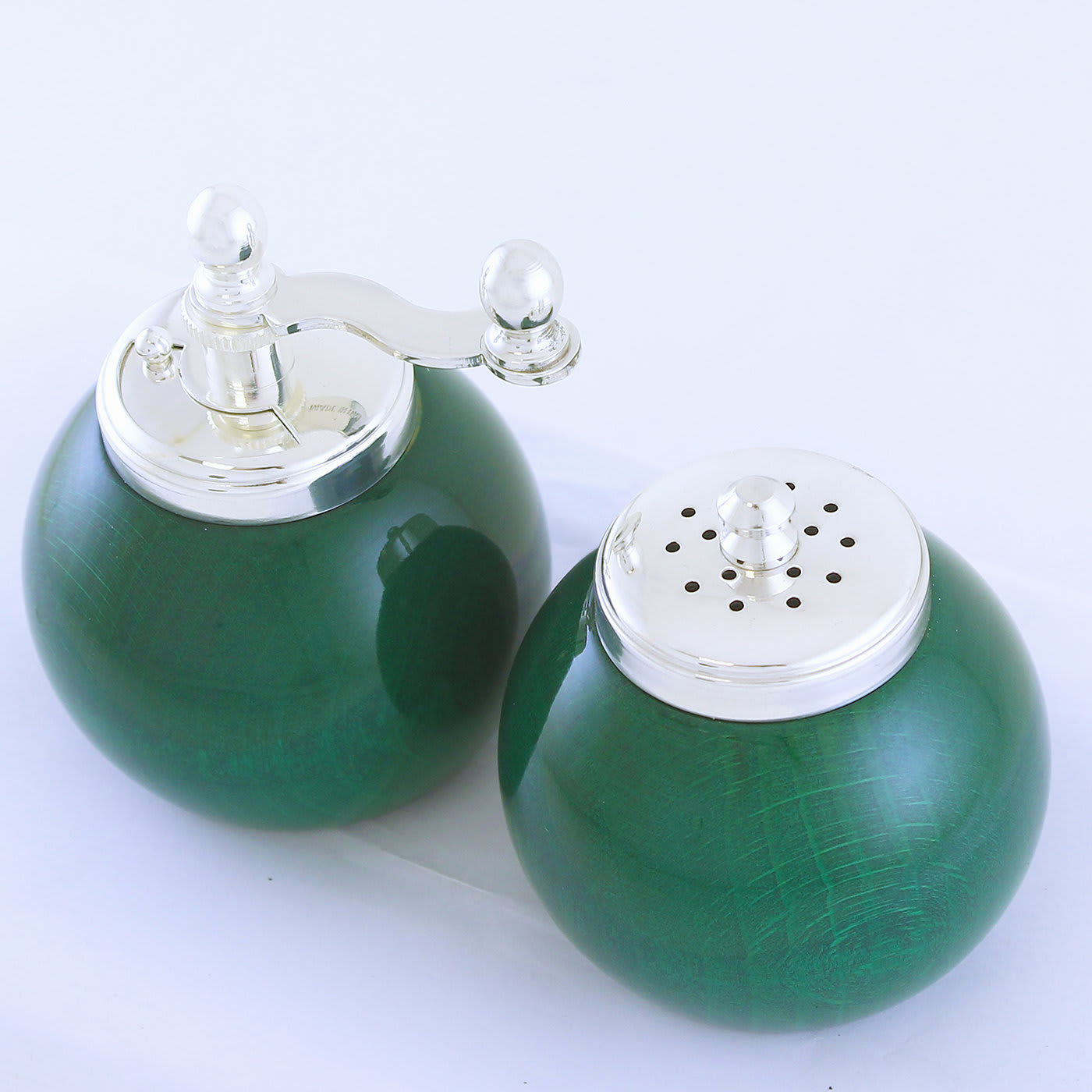 Green Wood and Silver-Plated Brass Salt Shaker and Pepper Mill - Chiarugi 1952