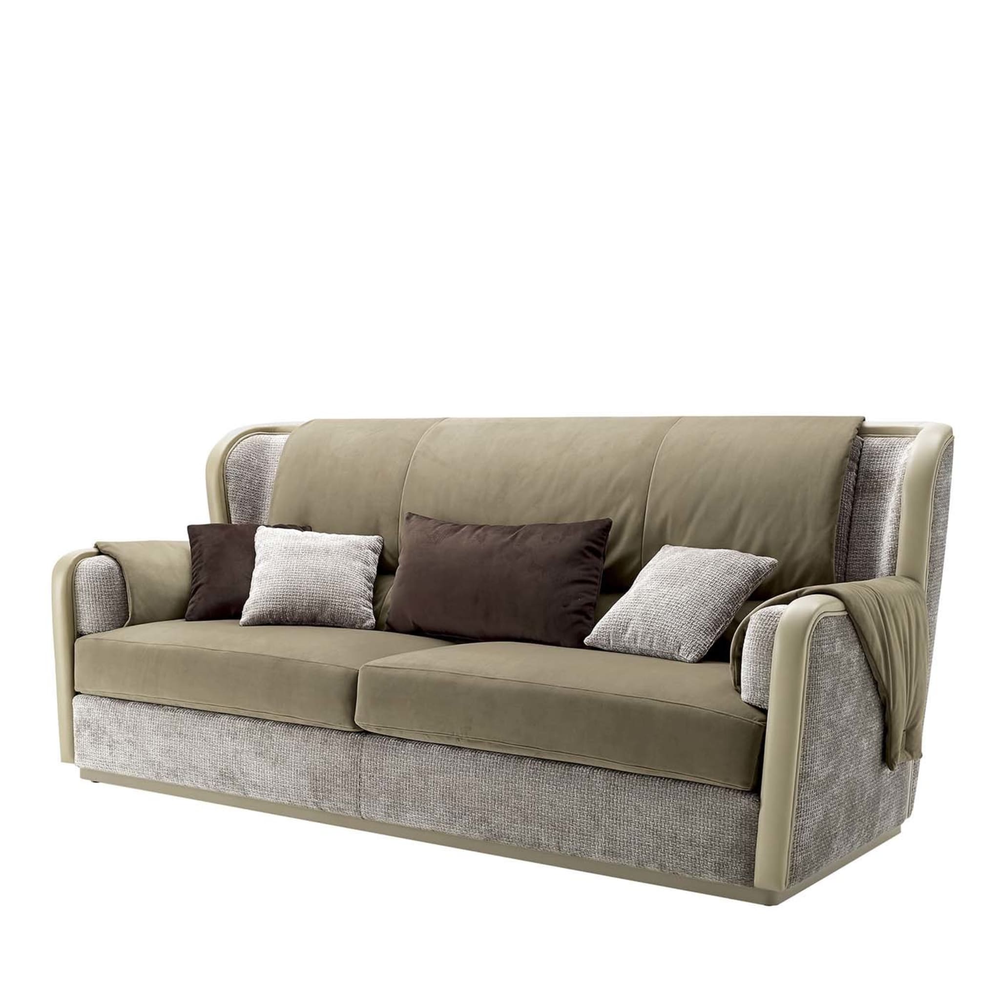 Beige Leather and Velvet 3-Seater Sofa - Main view