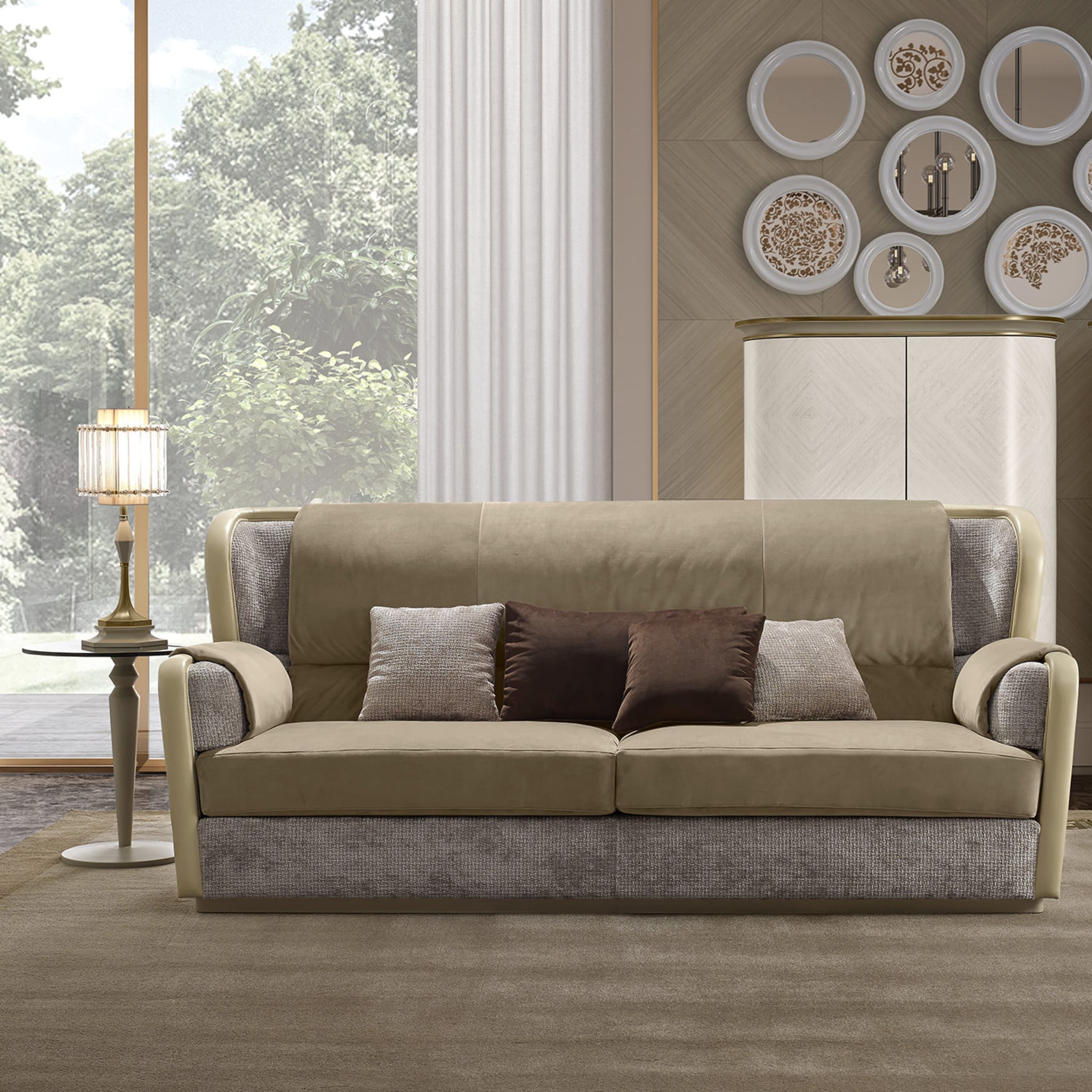 Beigefarbenes 3-Sitzer-Sofa aus Leder und Samt - Alternative Ansicht 1