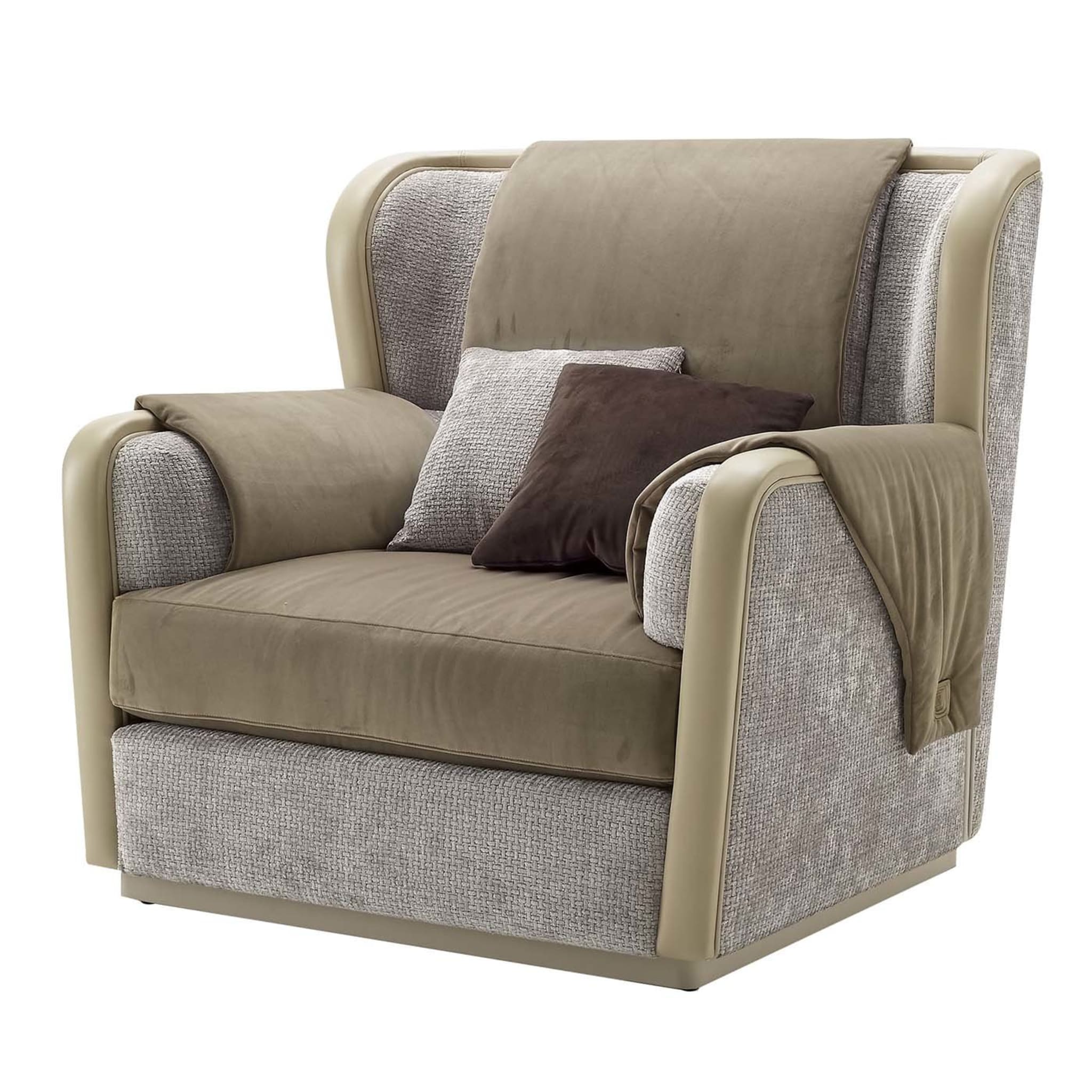 Beige Leather and Velvet Armchair - Main view