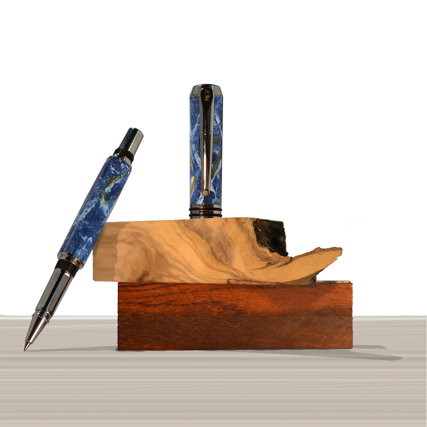 Antea Marbled Blue Roller Pen in Olive Wood - M'Art