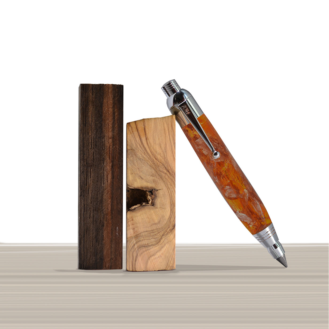 Botero Marbled Orange Automatic Pencil in Olive Wood - M'Art
