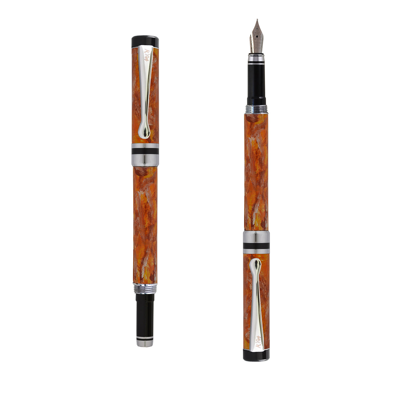 Ipazia Marbled Orange Fountain Pen in Olive Wood - M'Art