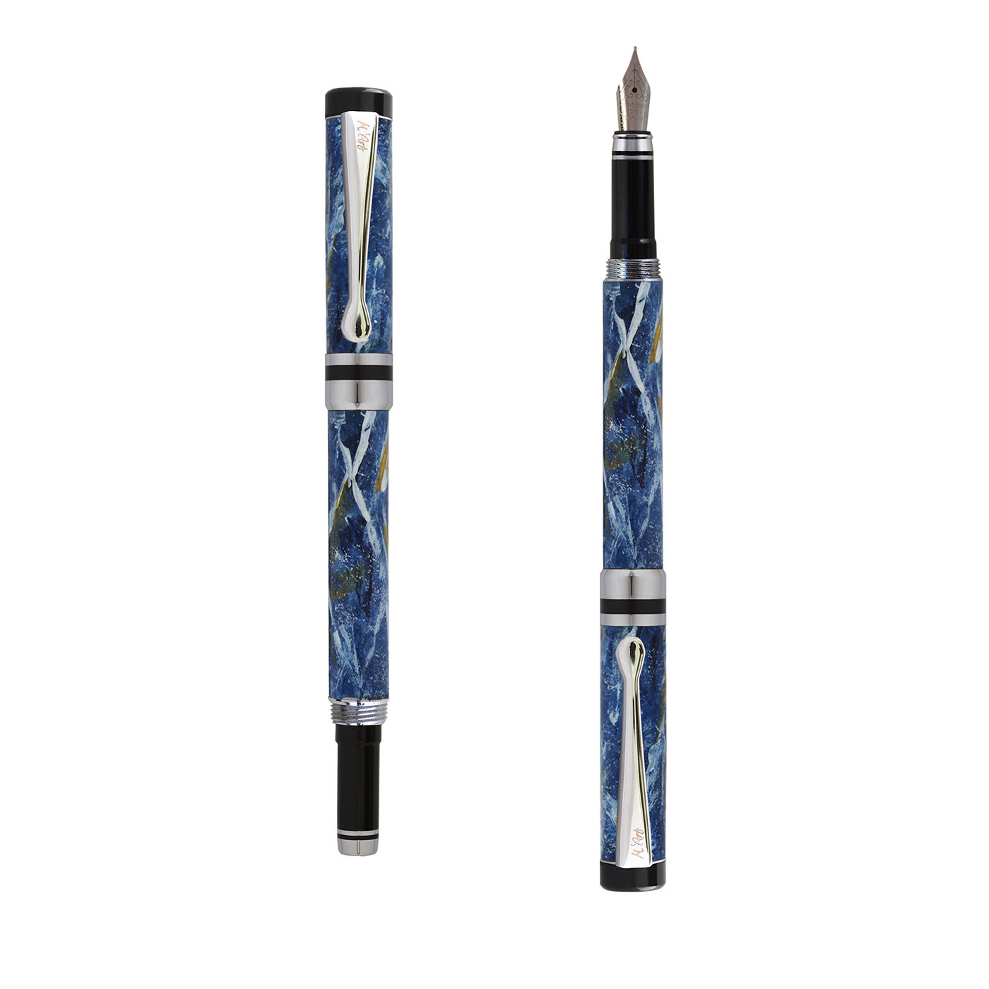Ipazia Marbled Blue Fountain Pen in Olive Wood - M'Art