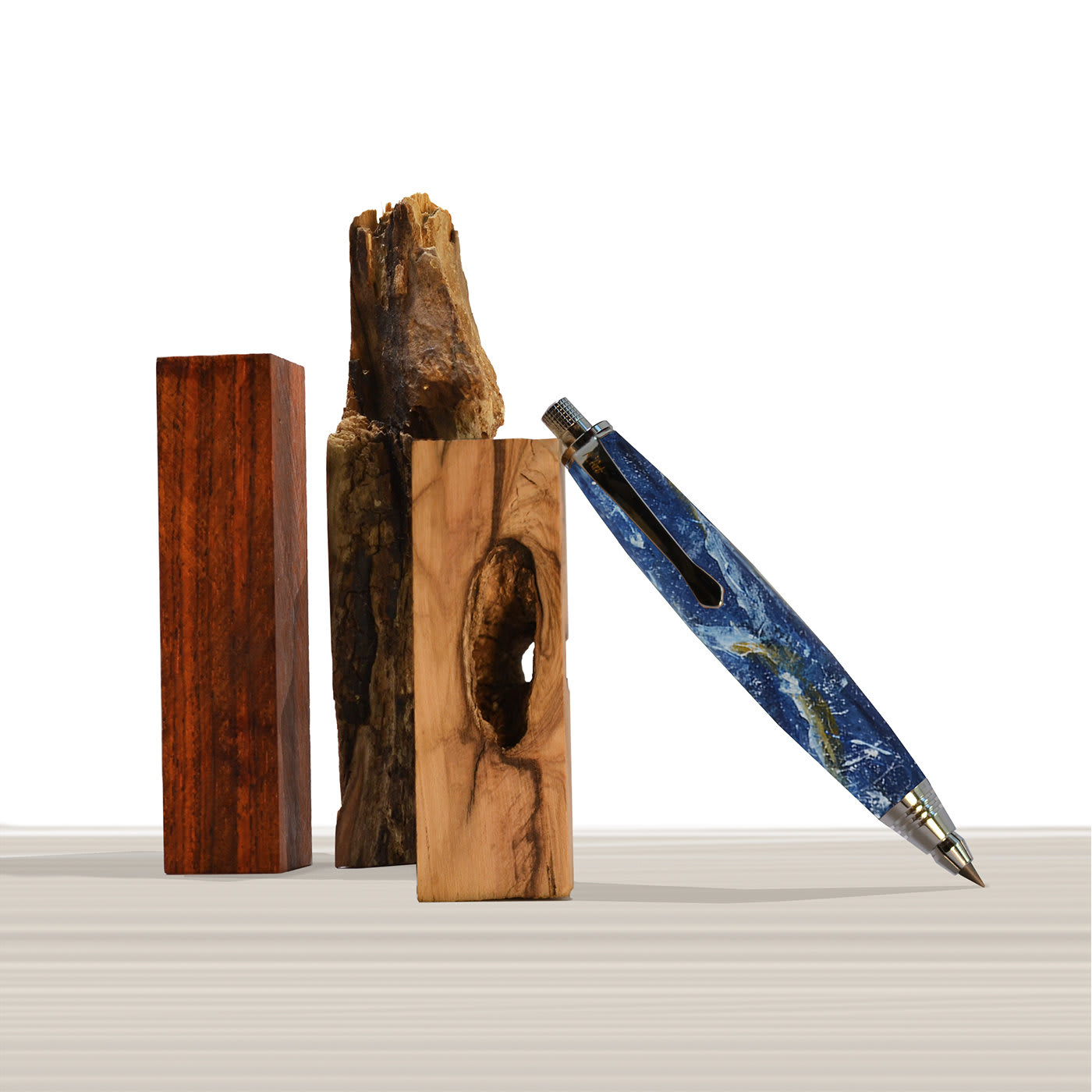 Ligabue Marbled Blue Automatic Pencil in Olive Wood - M'Art