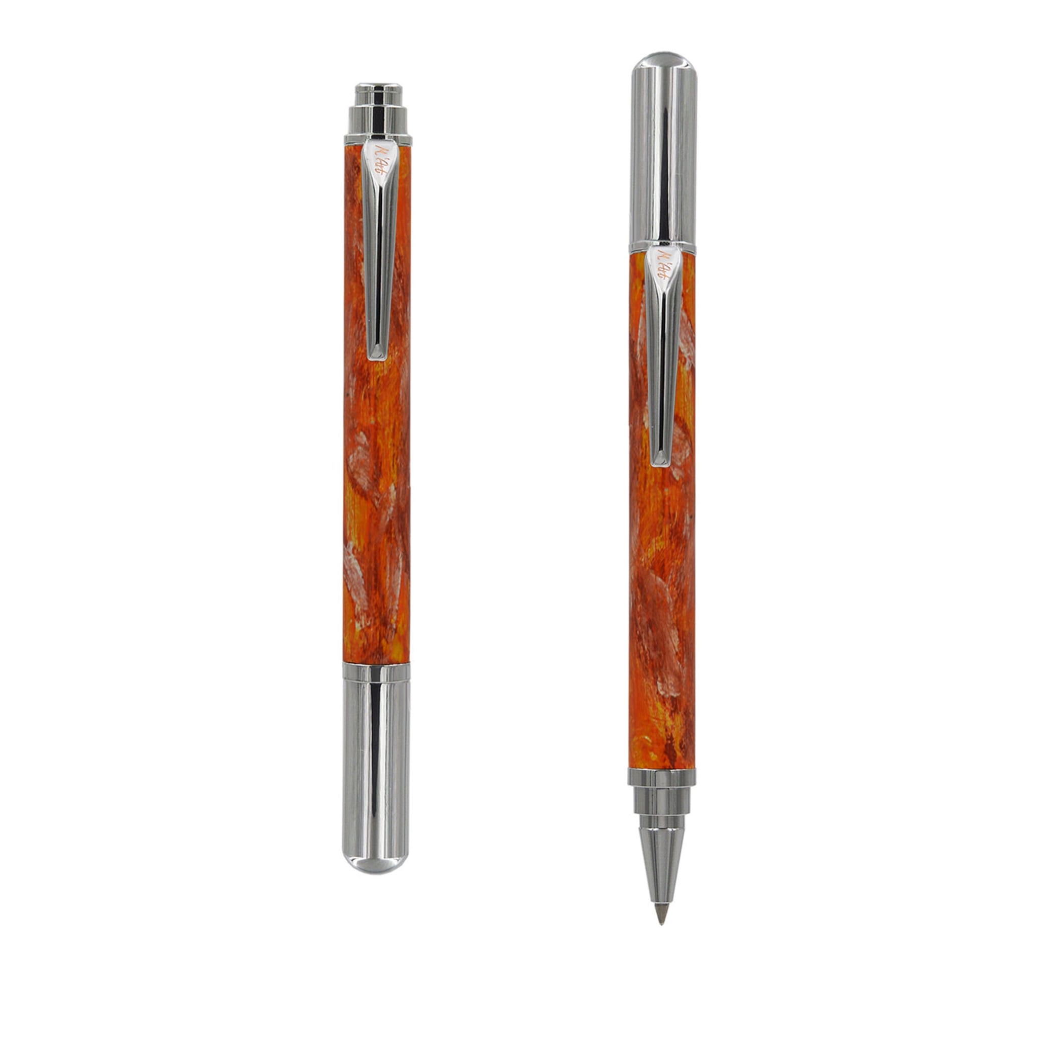 Matera Marbled Orange Roller Pen in Olive Wood - Main view