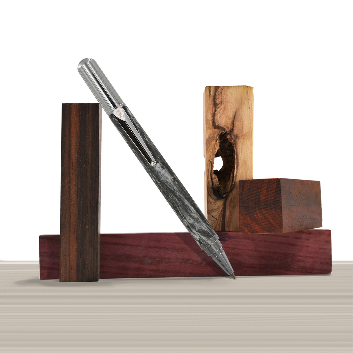 Matera Marbled Gray Roller Pen in Olive Wood - M'Art