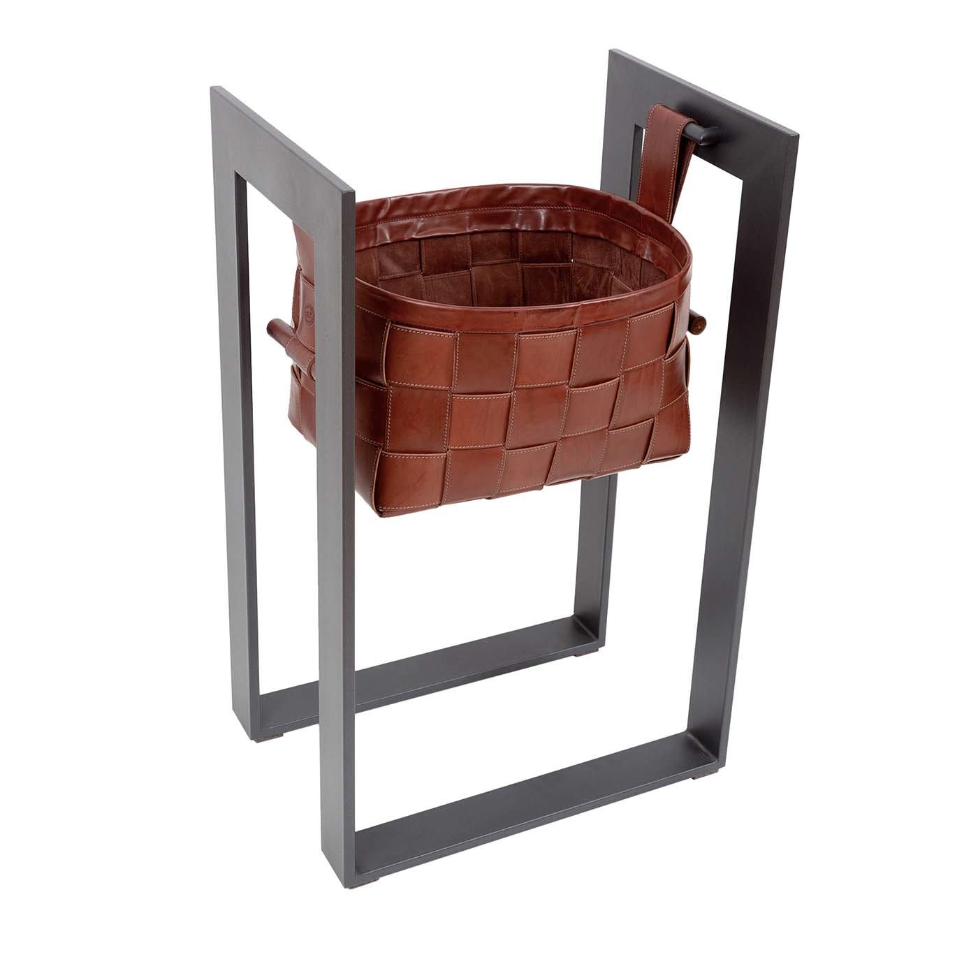 Leather Basket with Stand Dark Brown - Bottega Conticelli
