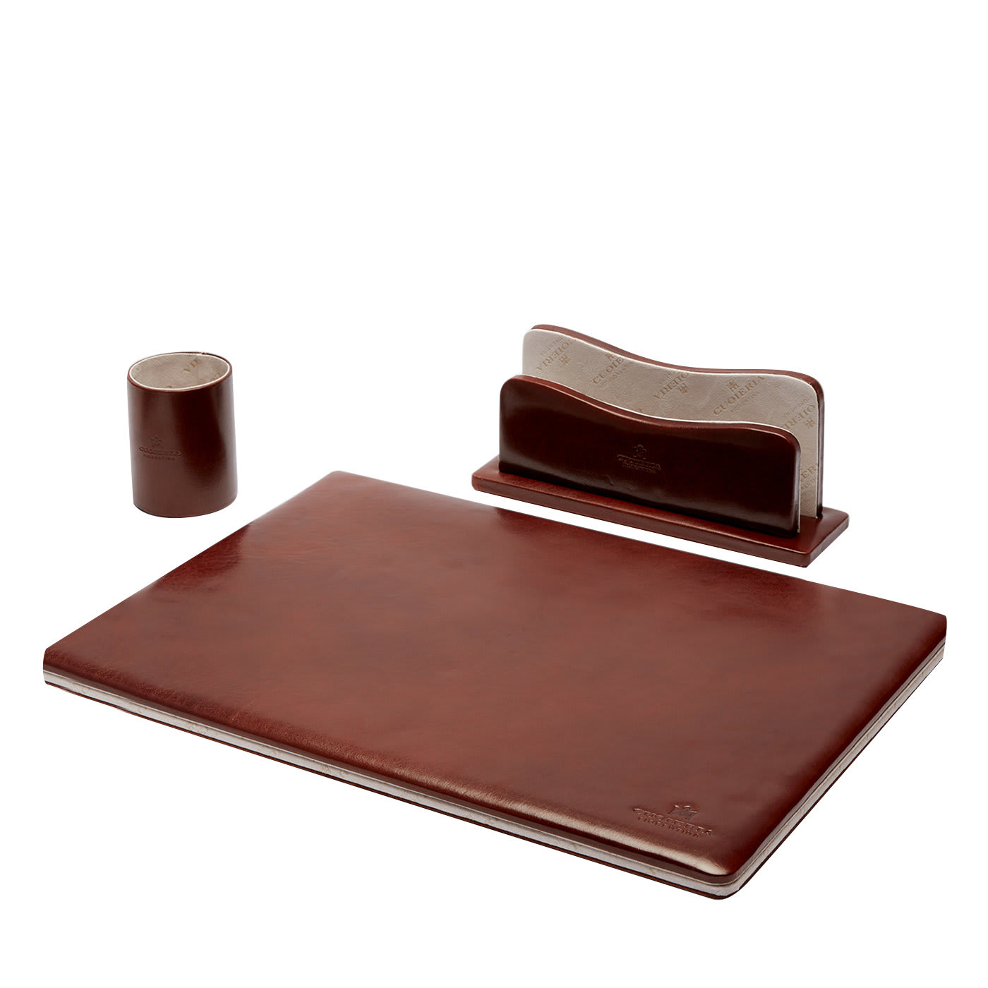 Warm & Color Brown Set of Desk Pad, Pen and Letter Holder - Cuoieria Fiorentina