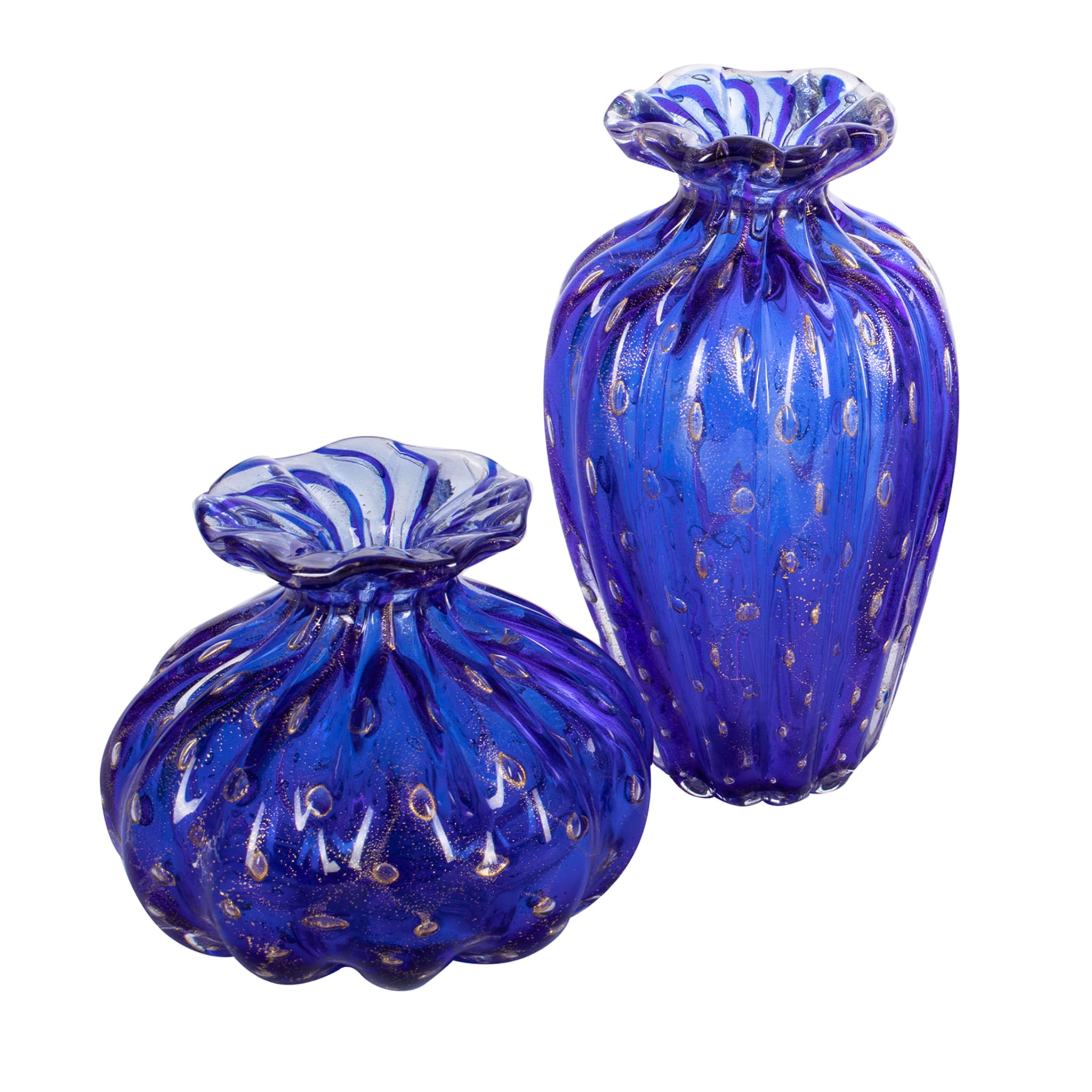 1950 Satz von 2 blauen Vasen mit Goldblasen - Hauptansicht