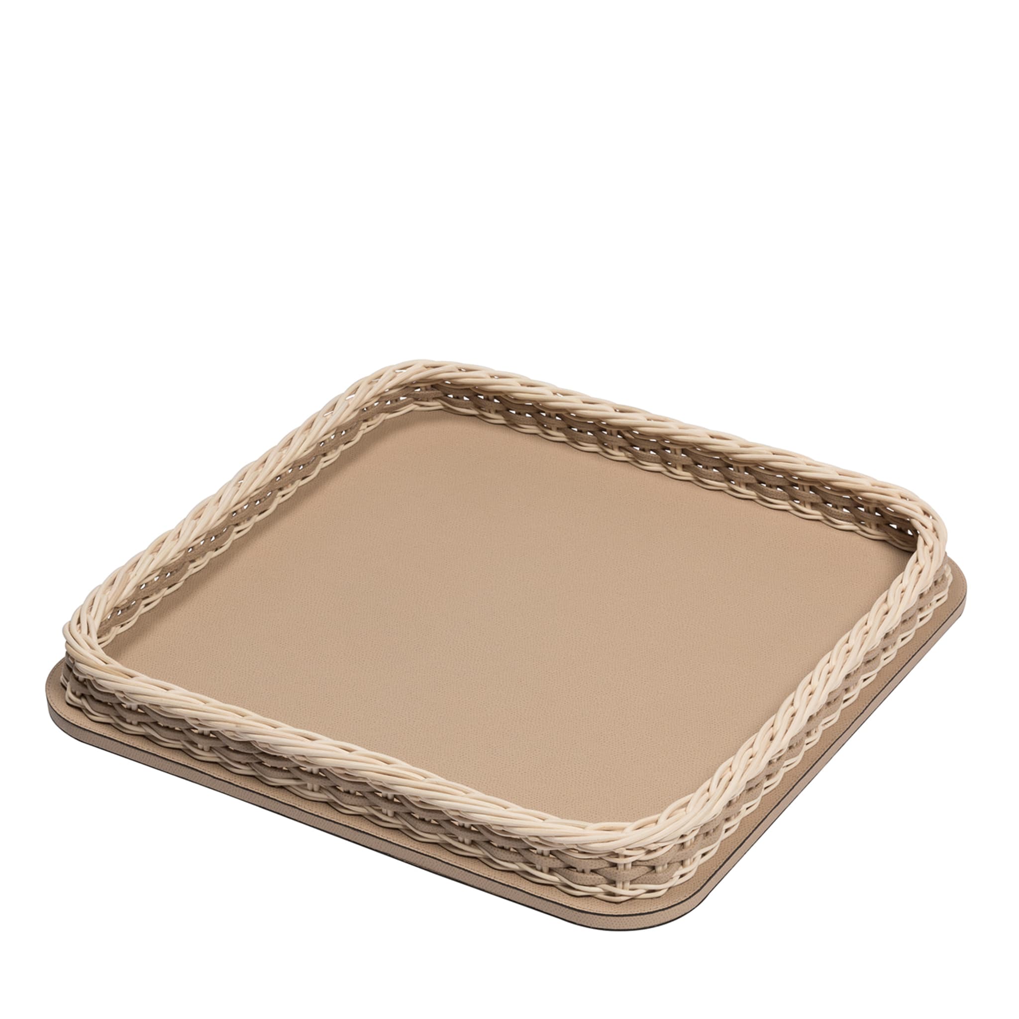 Orsay Beige Leather and Rattan Square Small Tray - Main view