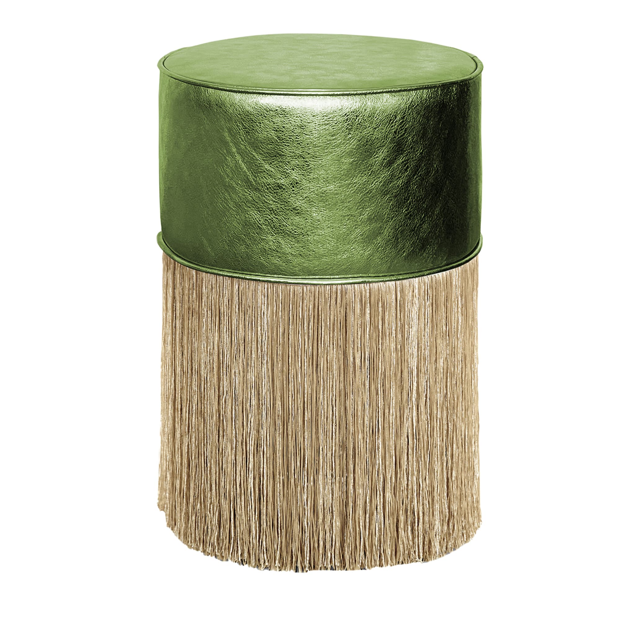Gleaming Green Leather Gold Fringes Pouf by Lorenza Bozzoli - Main view