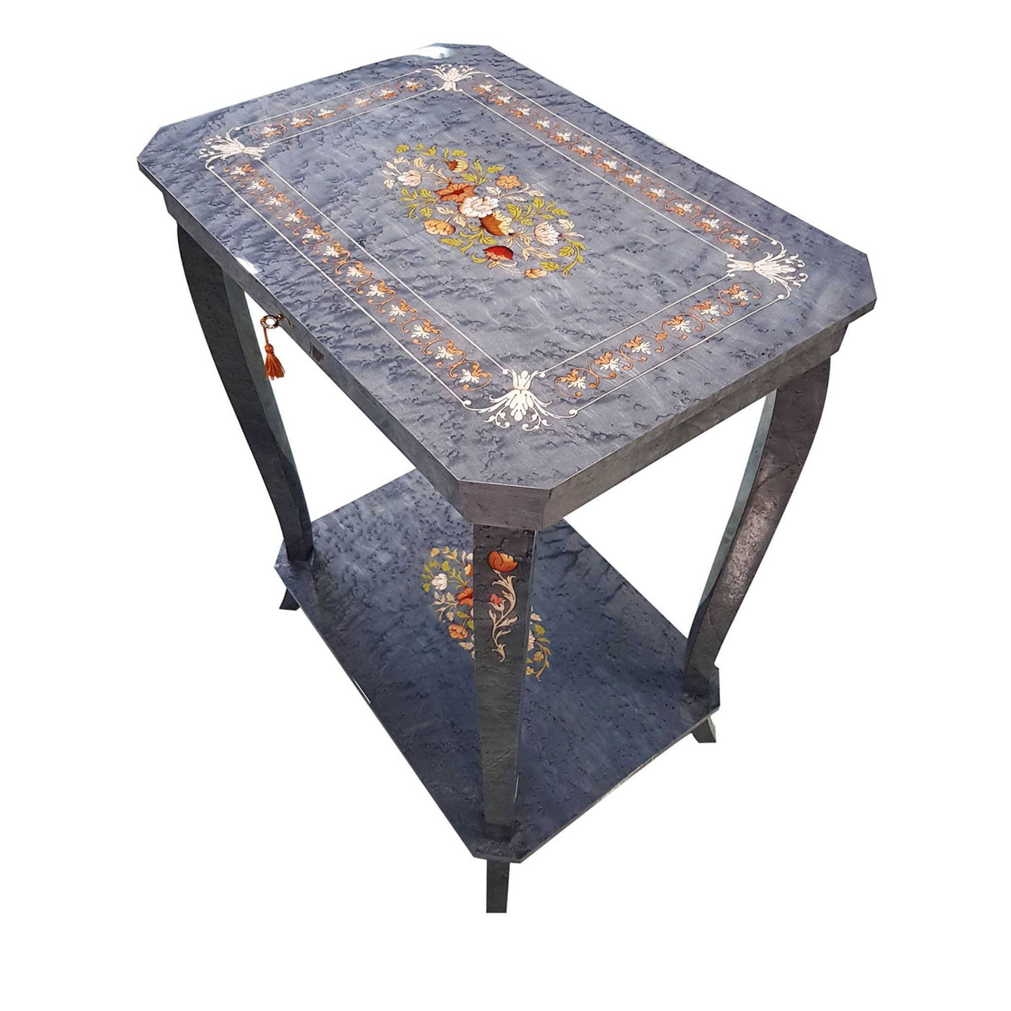 Tavolino Musical Floral Blue Birdseye in acero con contenitore - Vista principale