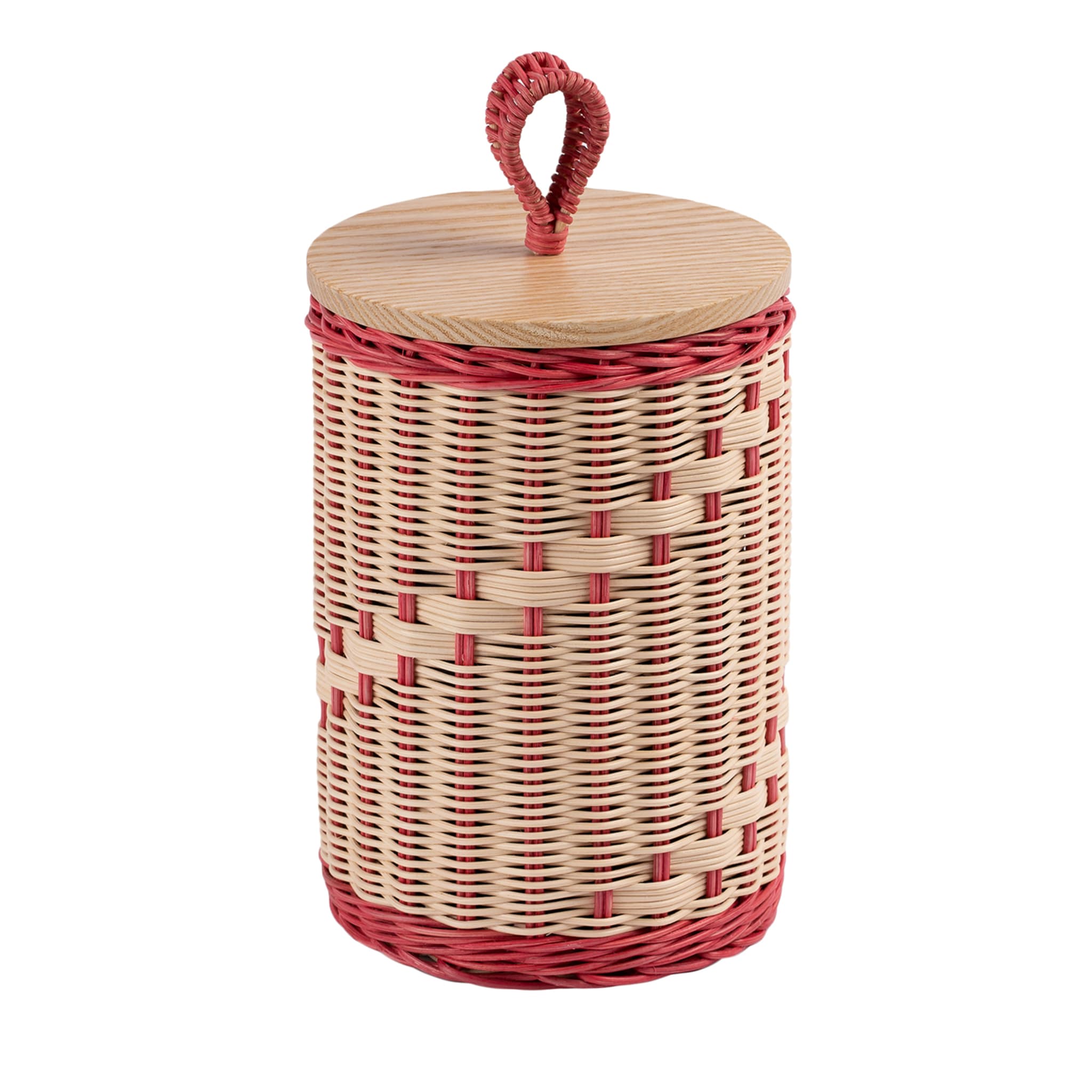 Goccia Tall Pink and Natural Wicker Jar with Wood Lid - Main view