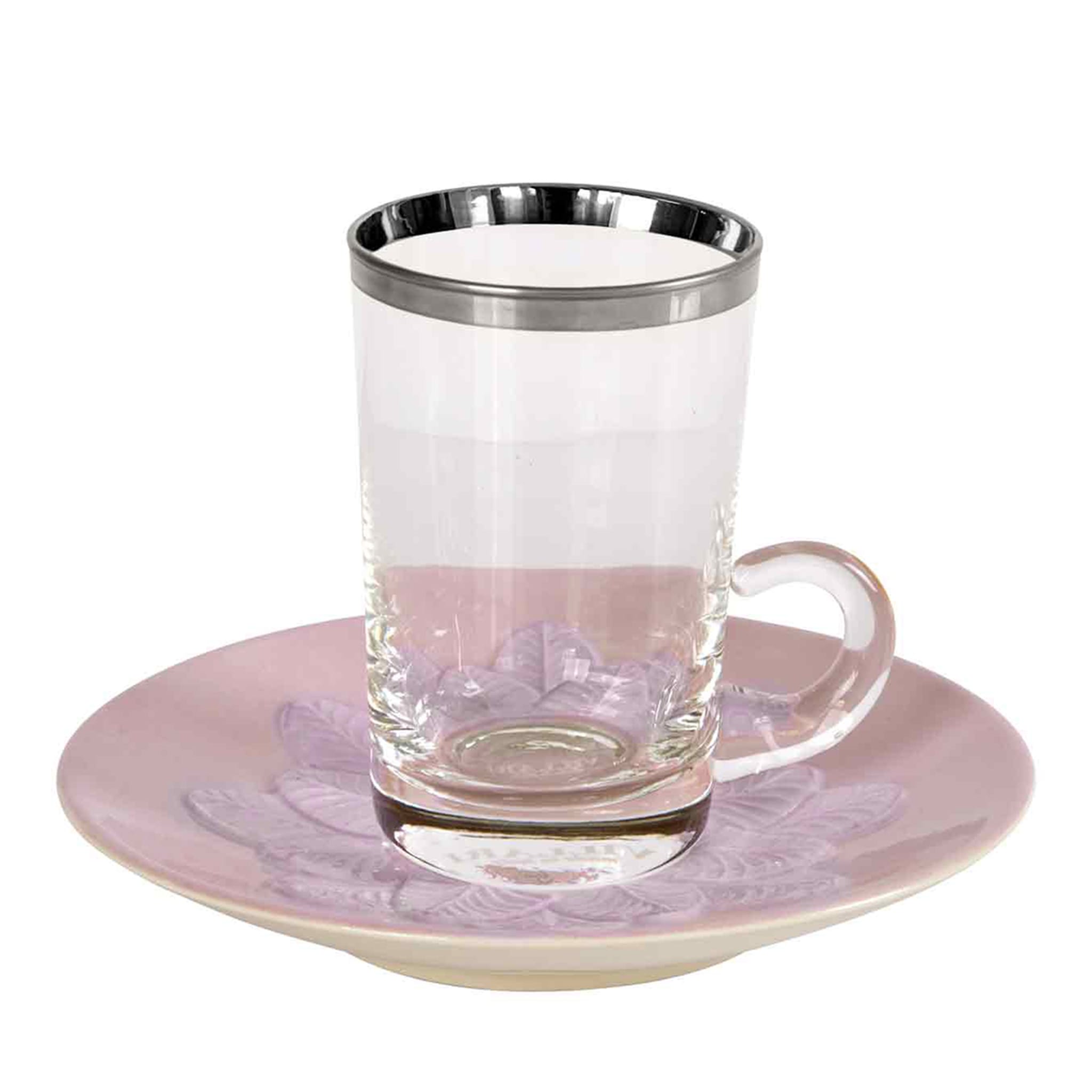 PEACOCK PINK AND SILVER TEA CUP AND SAUCER - Main view