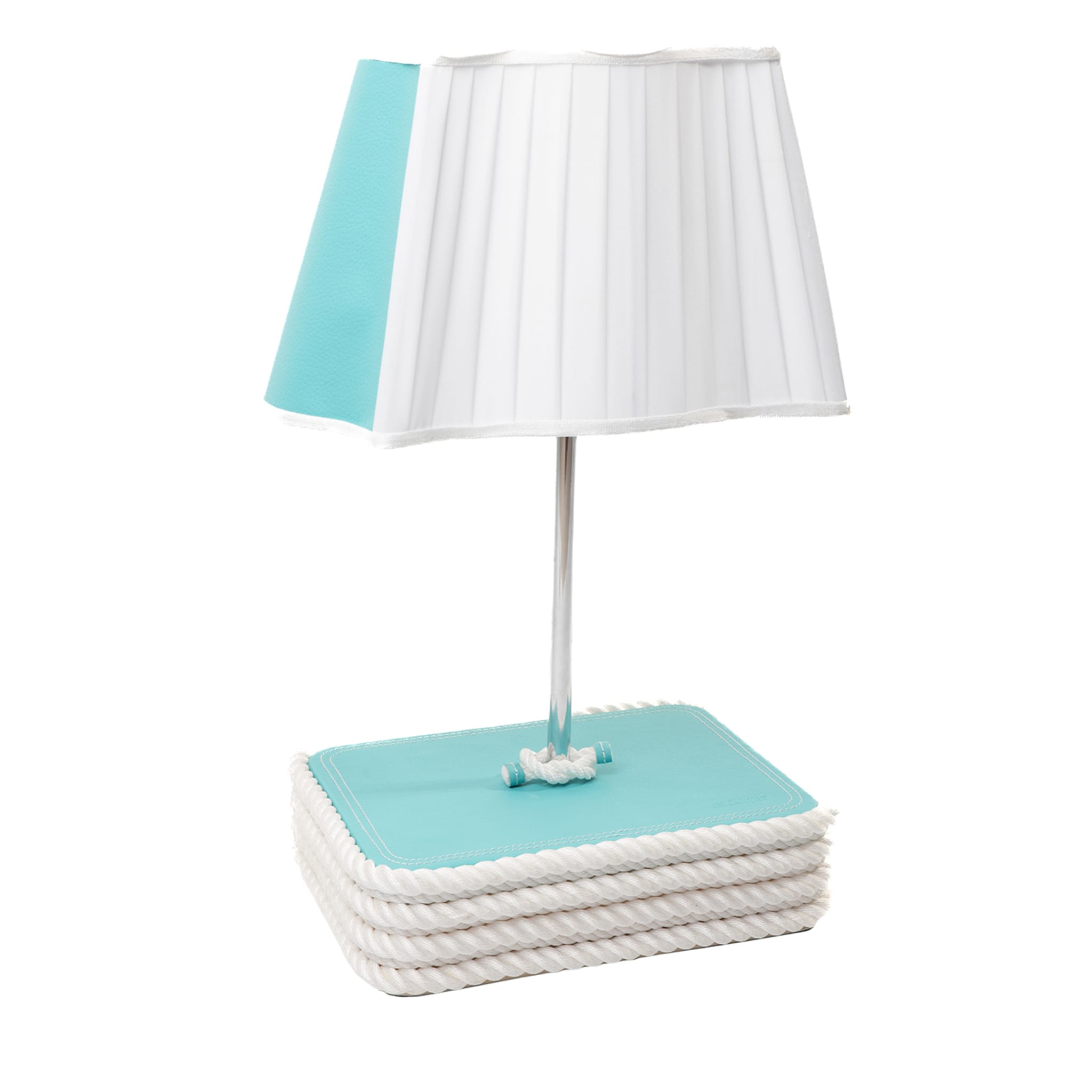 Grande lampe de table à base rectangulaire turquoise et blanche - Vue principale