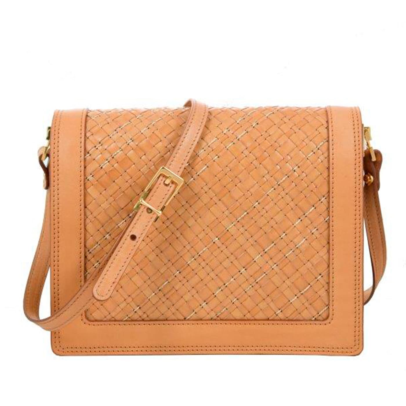 Quadro Braided Leather and Copper Beige Crossbody Bag - Athison