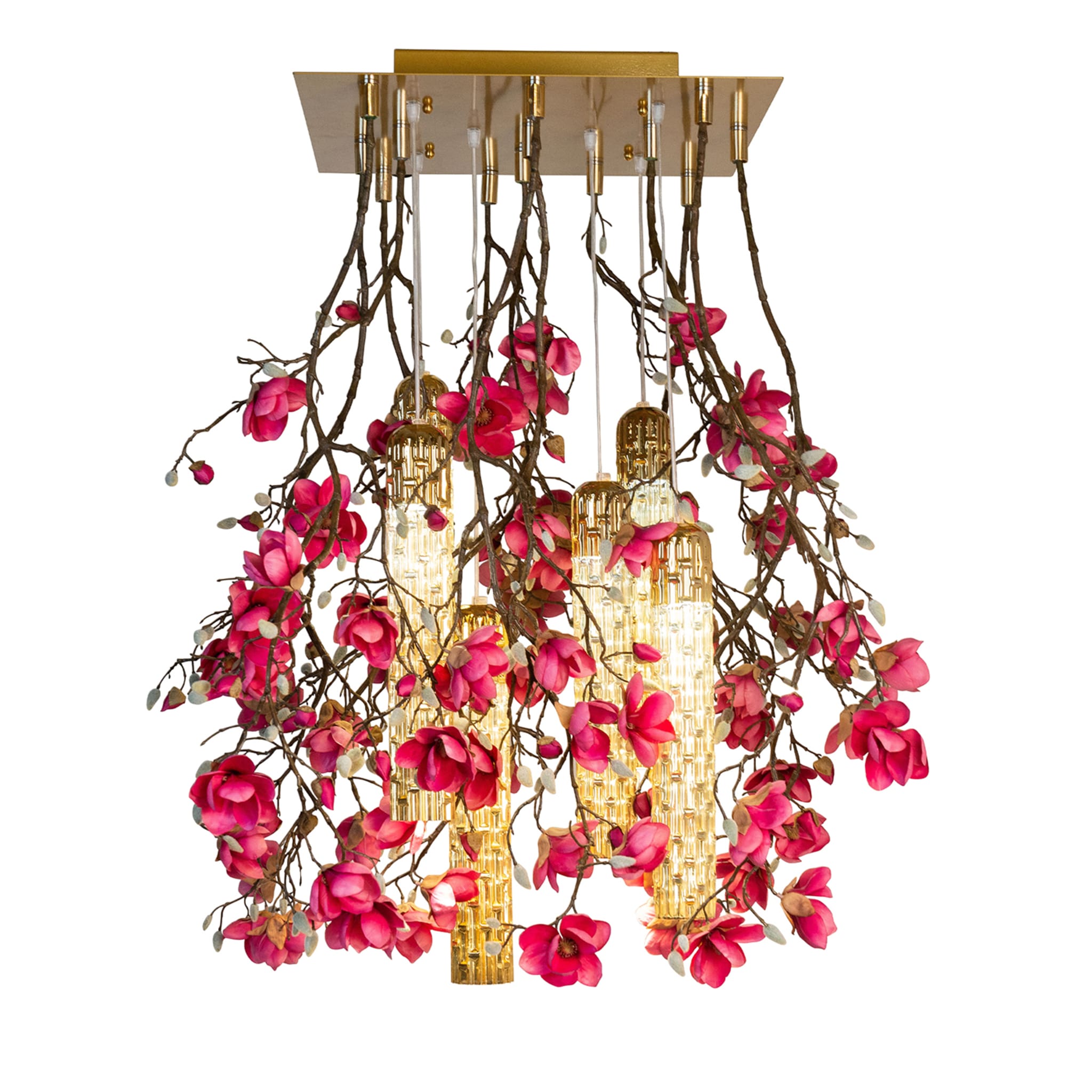 Flower Power Magnolia Square Chandelier with Golden Decorations - Main view