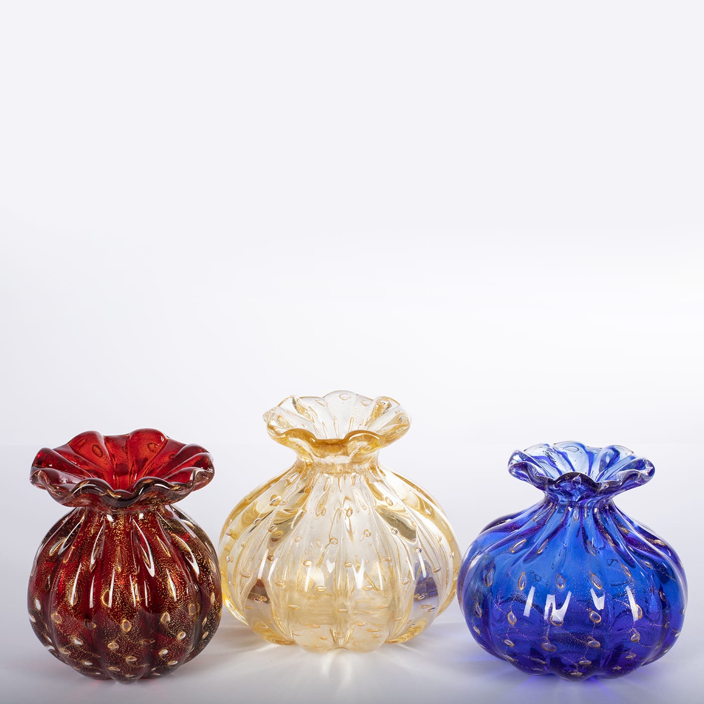 1950 Polychrome Set of 3 Vases with Gold Bubbles - Officine di Murano 1295