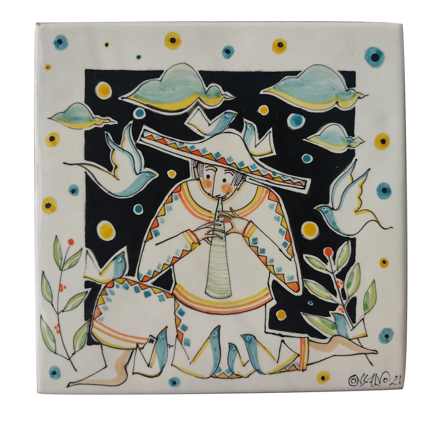 Il Pifferaio con i suoi Uccelli Tile Ceramica Artistica Consalvo - Artemest