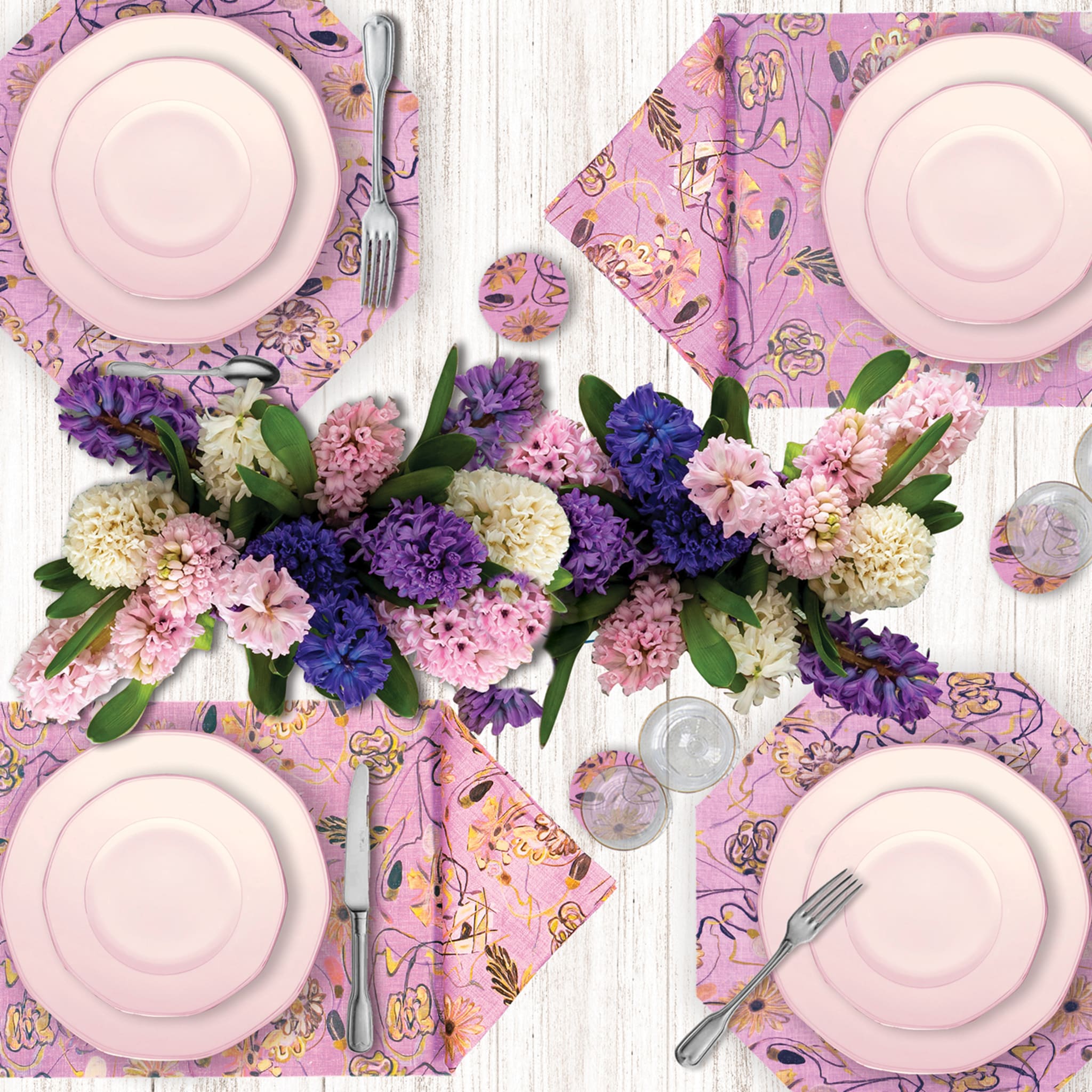 Bouquet Set of 2 Octagonal Pink Coated Placemats and Napkins - Alternative view 1