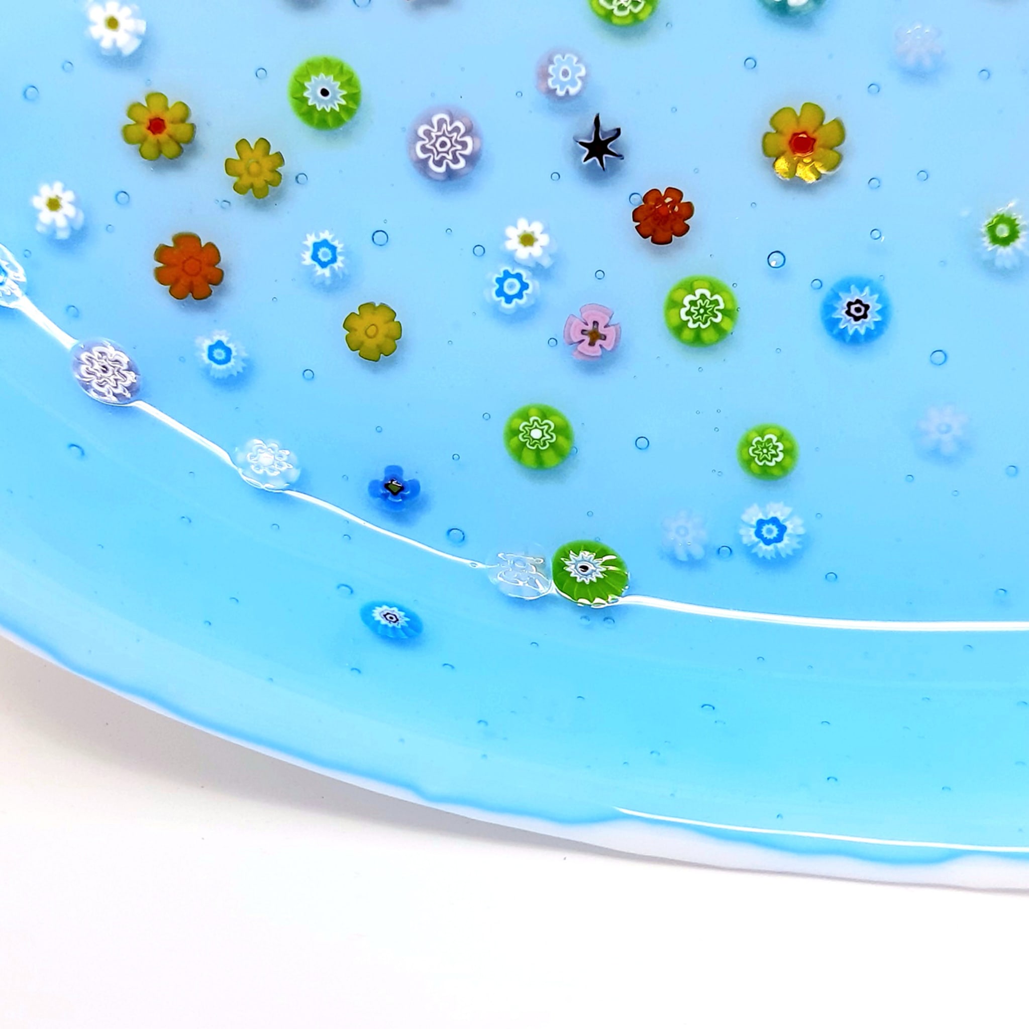 Turquoise Glass Serving Platter with Floral Murrini Inlays  - Alternative view 2