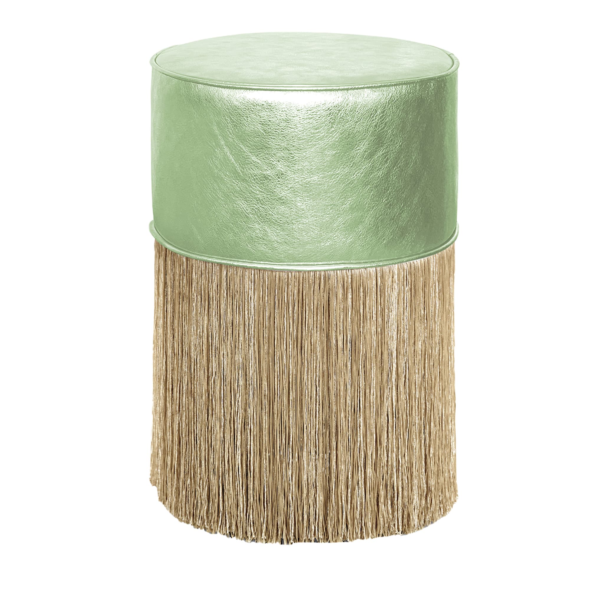 Gleaming Light Green Leather Gold Fringes Pouf by Lorenza Bozzoli - Main view