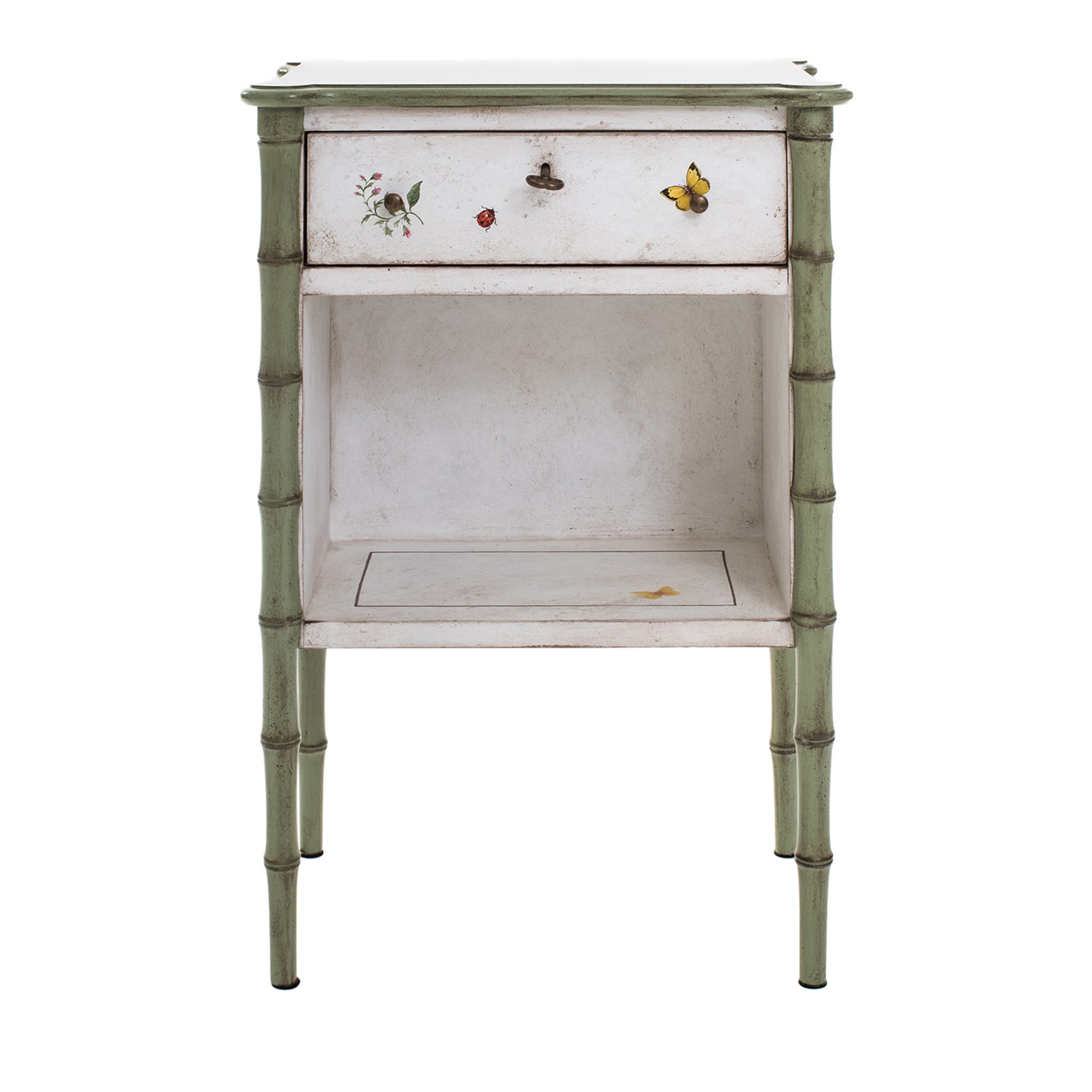 White-Green Lombardia Bamboo Nightstand with Butterflies - Main view