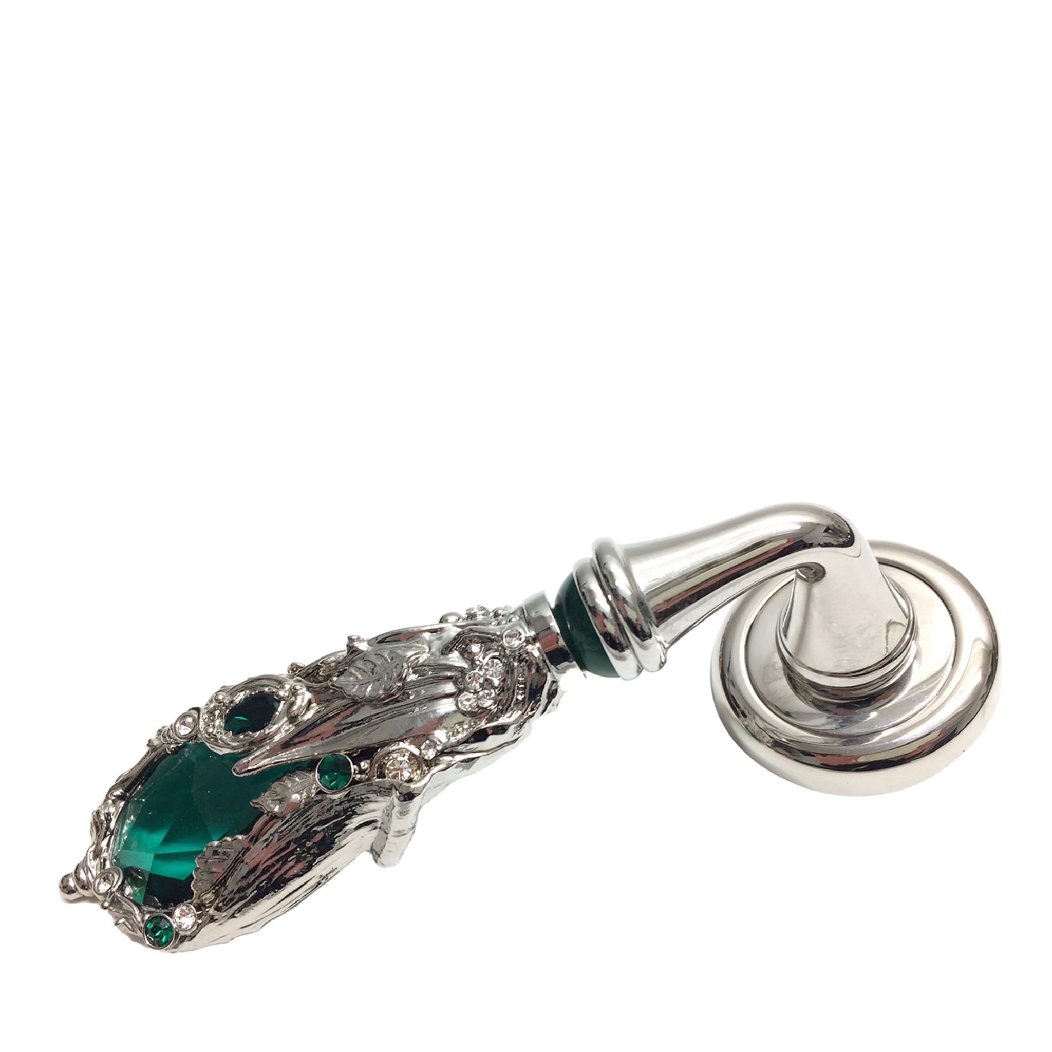 Foglia Verde Silvery Lever On Rose Handle with Green Gemstone - Main view