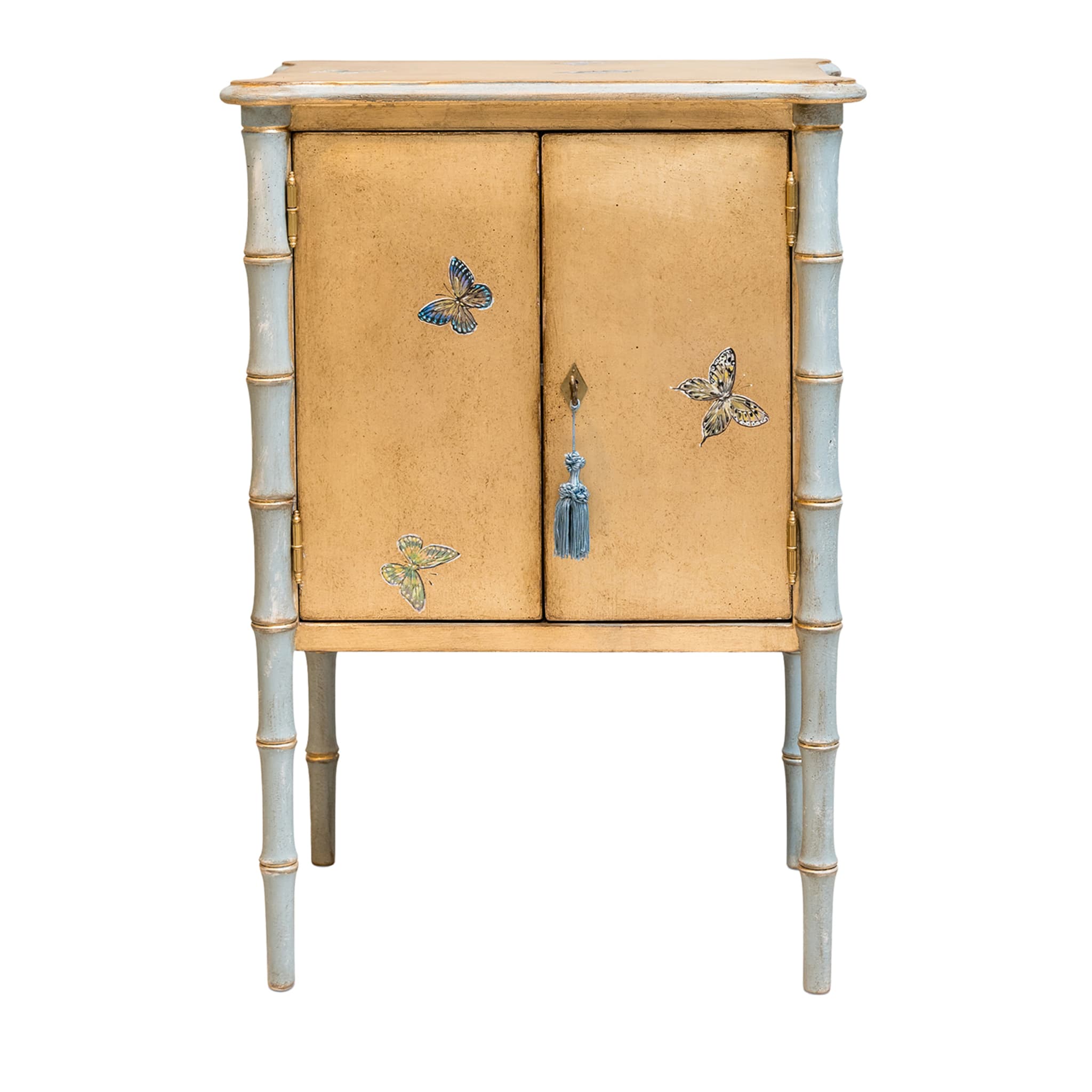 Gold-Leaf Lombardia Bamboo Nightstand with Butterflies - Main view