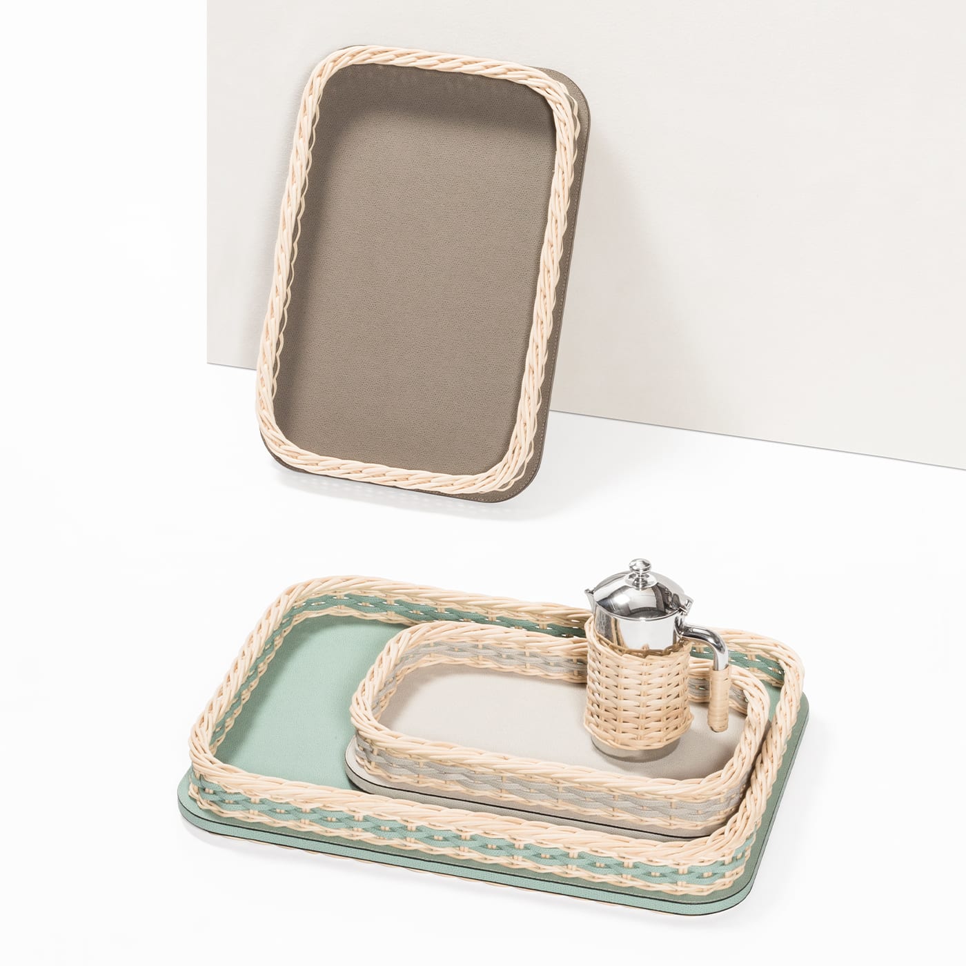 Orsay Green Leather and Rattan Rectangular Large Tray [free shipping ...