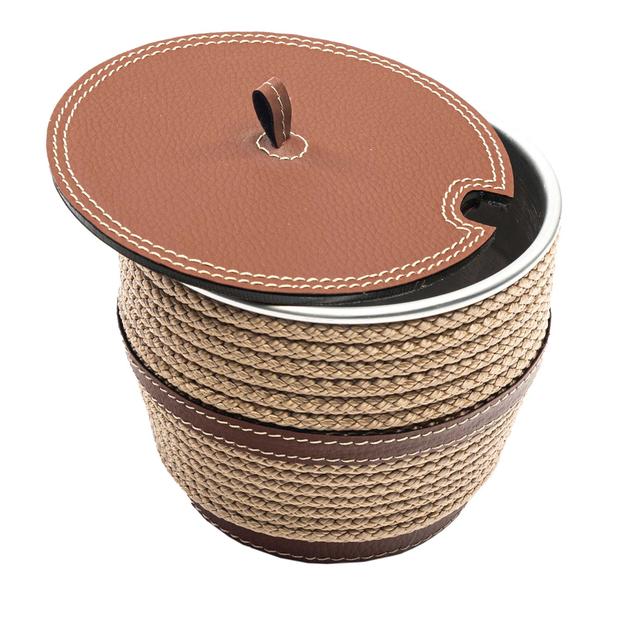 Beige Eco-Leather Coffee Container with Lid and Rope Inserts - Main view