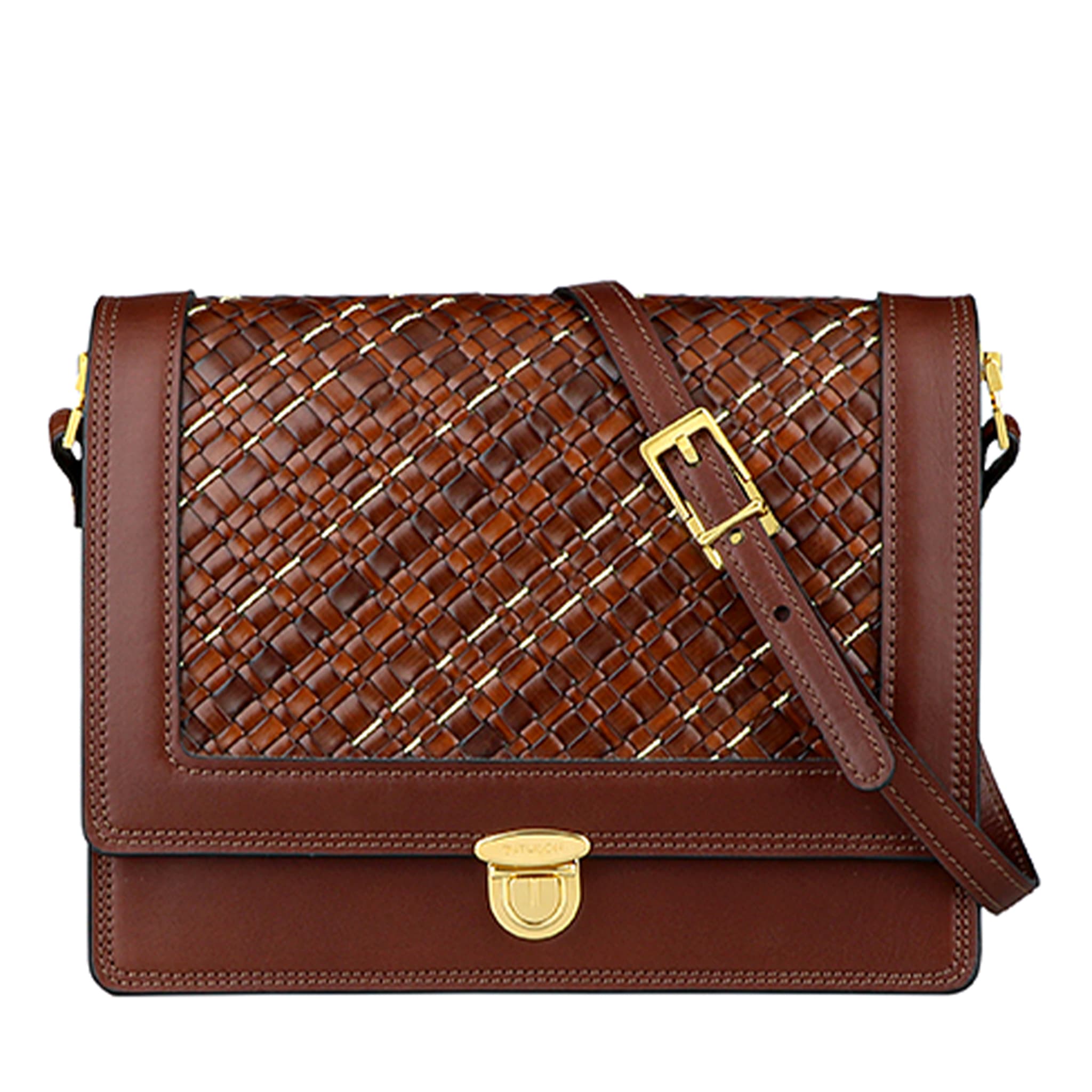Quadro Braided Leather and Copper Brown Crossbody Bag - Main view