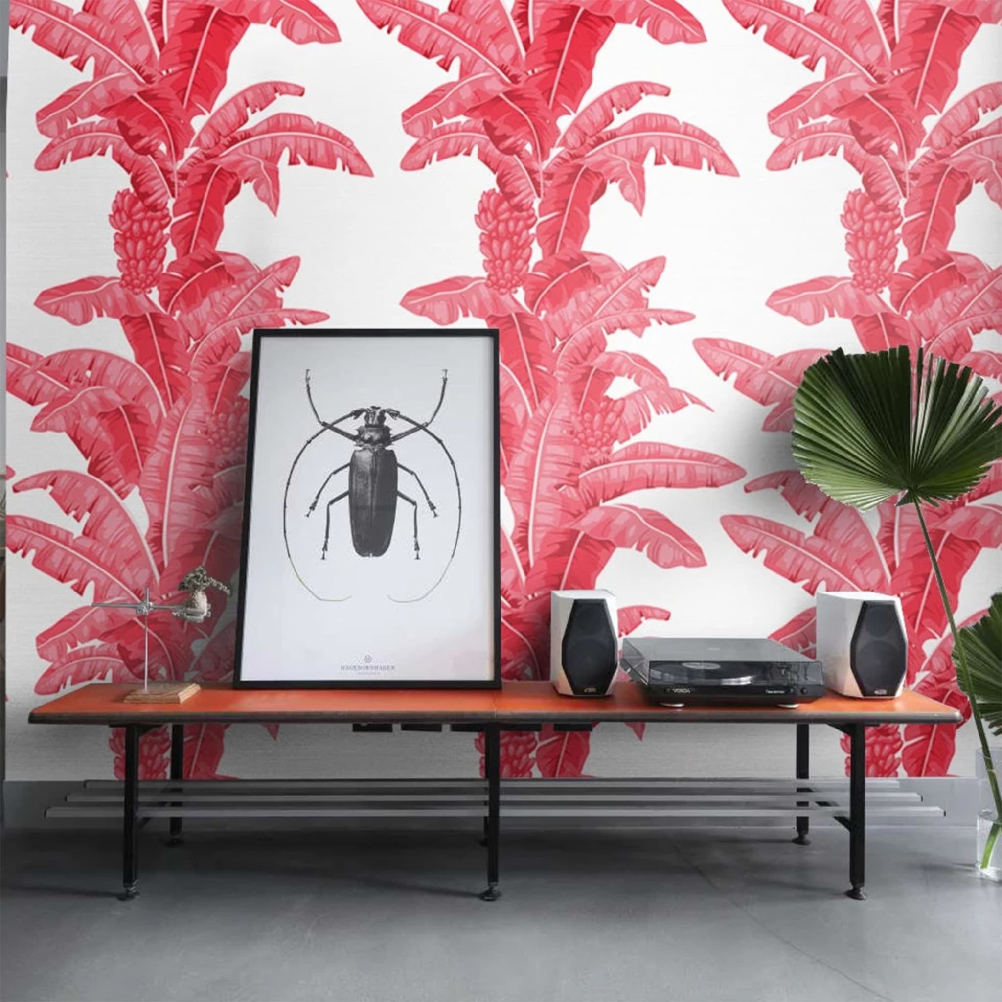 Tropical Palm Leaf Wallpaper in Red and White - Alternative view 3