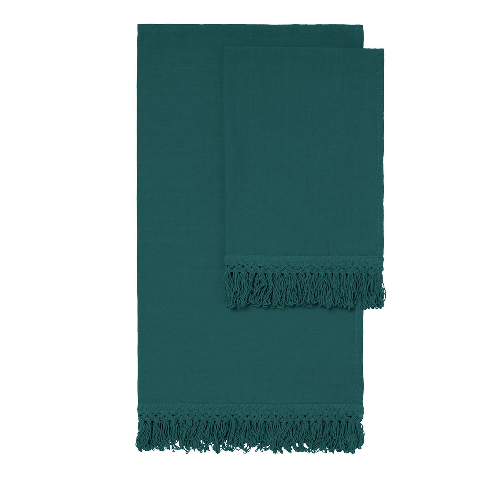Set of 2 Teal Linen Towels with Long Fringes - Main view