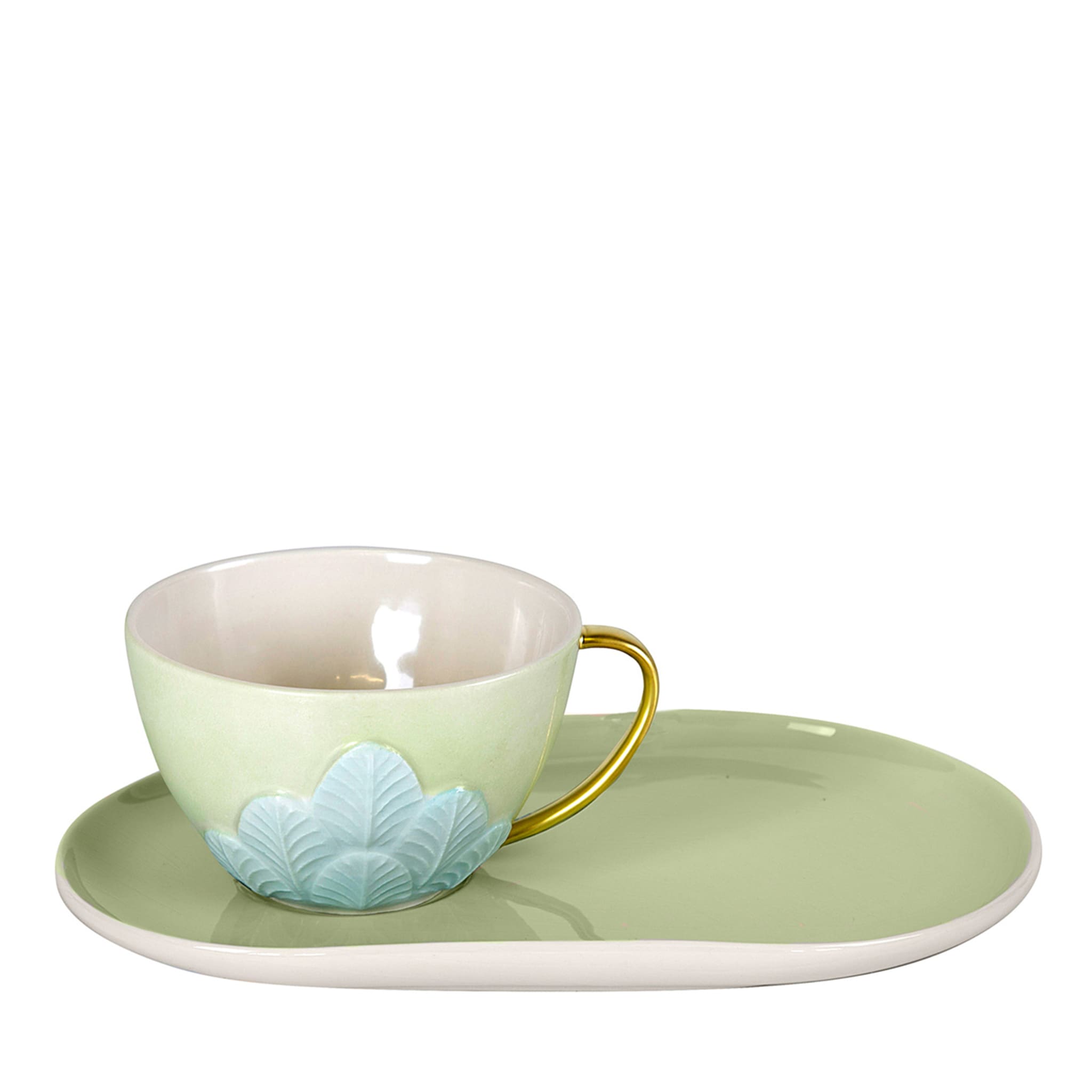 PEACOCK TEA CUP WITH DELIGHT DISH - GREEN AND GOLD - Main view