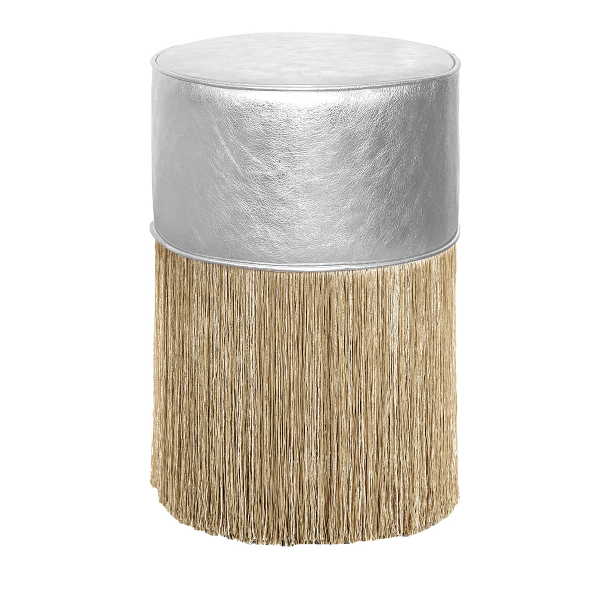 Gleaming Silver Leather Gold Fringes Pouf by Lorenza Bozzoli - Main view