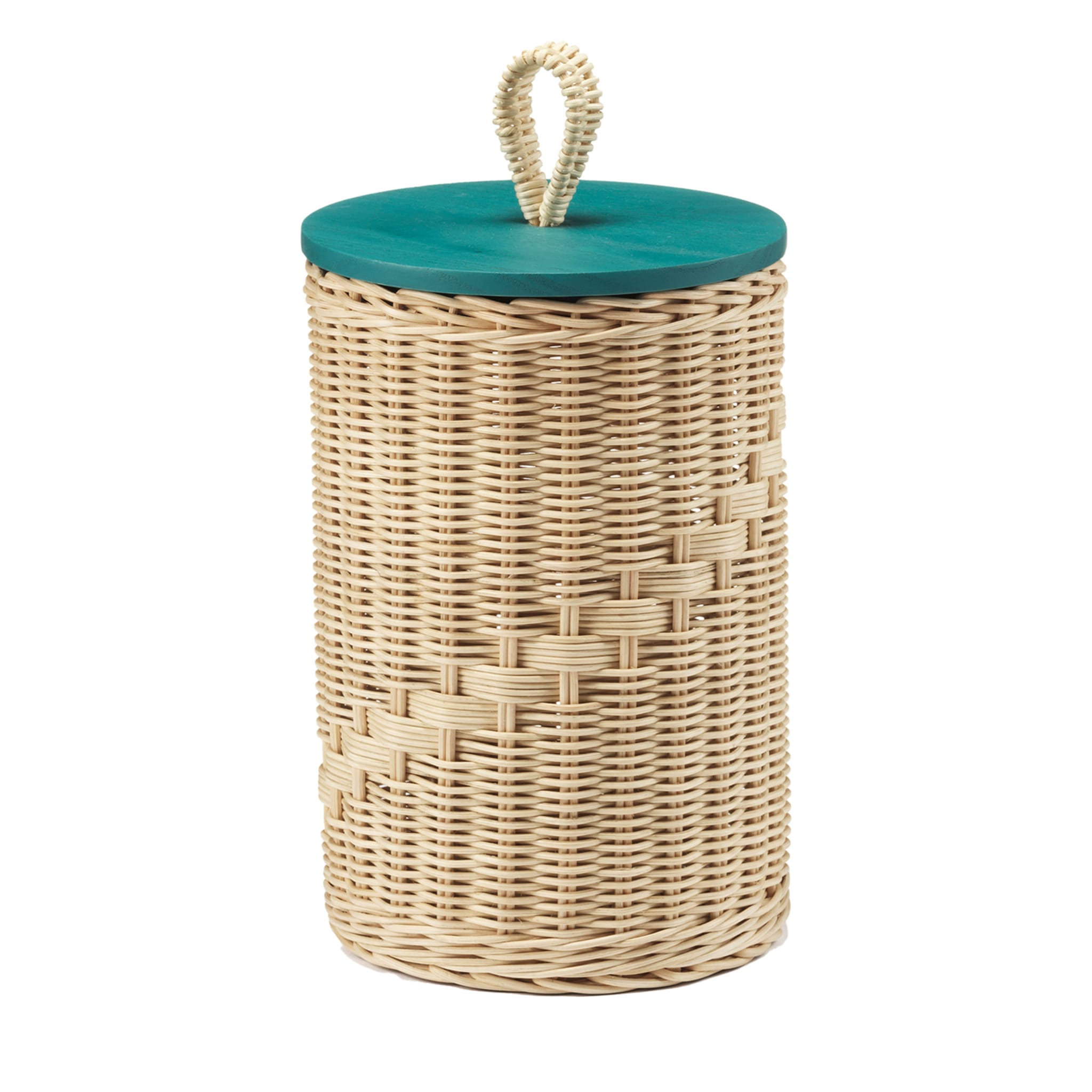Cylindrical Wicker Container with Teal Lid - Main view
