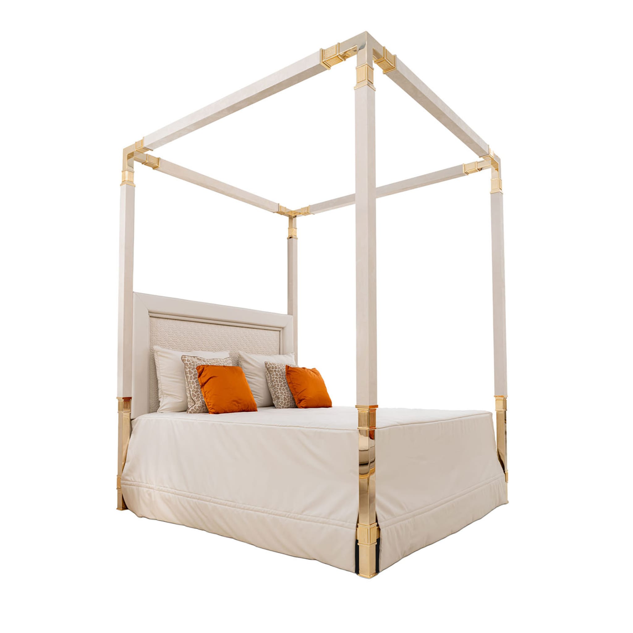 White Leather & Golden Bronze Double Canopy Bed - Main view