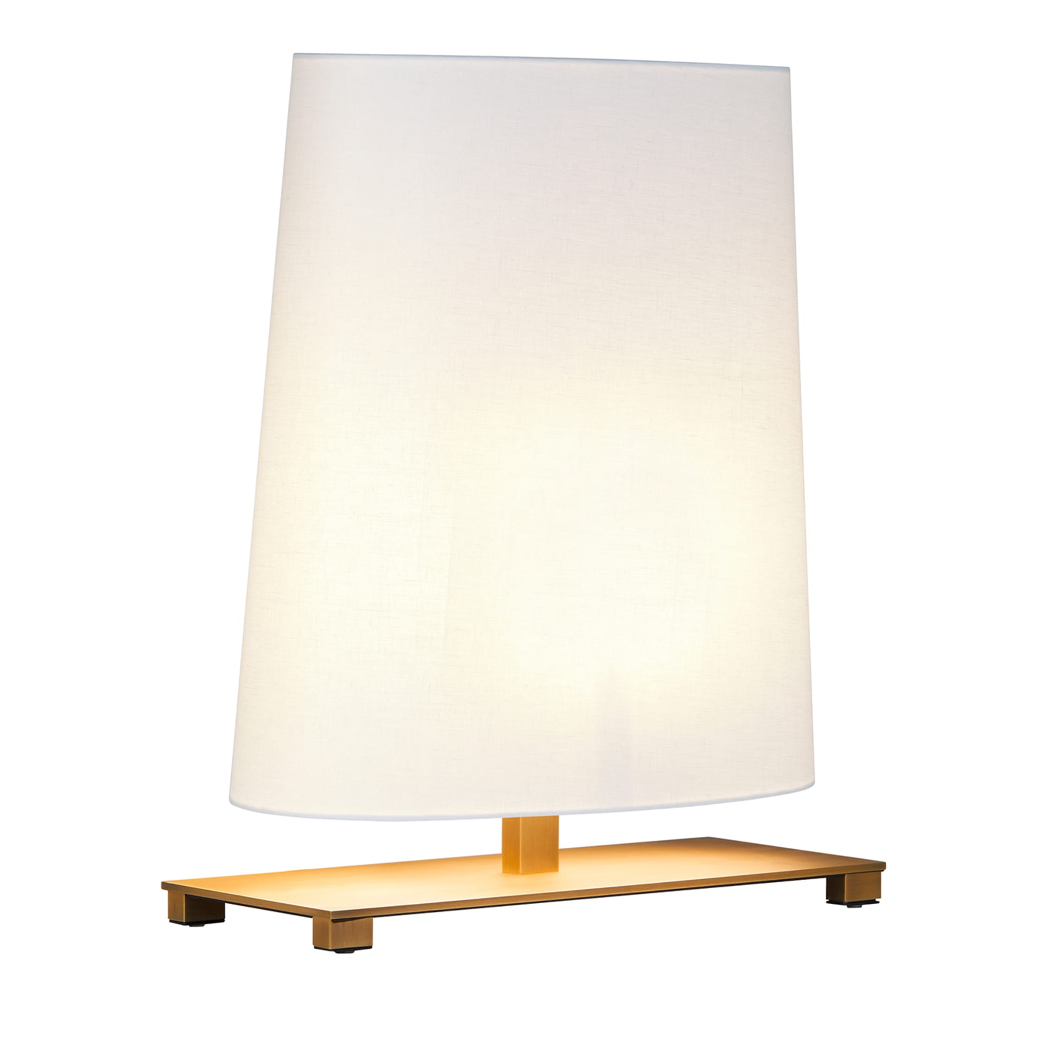 Pequeña lámpara de mesa ovalada en bronce cepillado con pantalla de algodón blanco - Vista principal