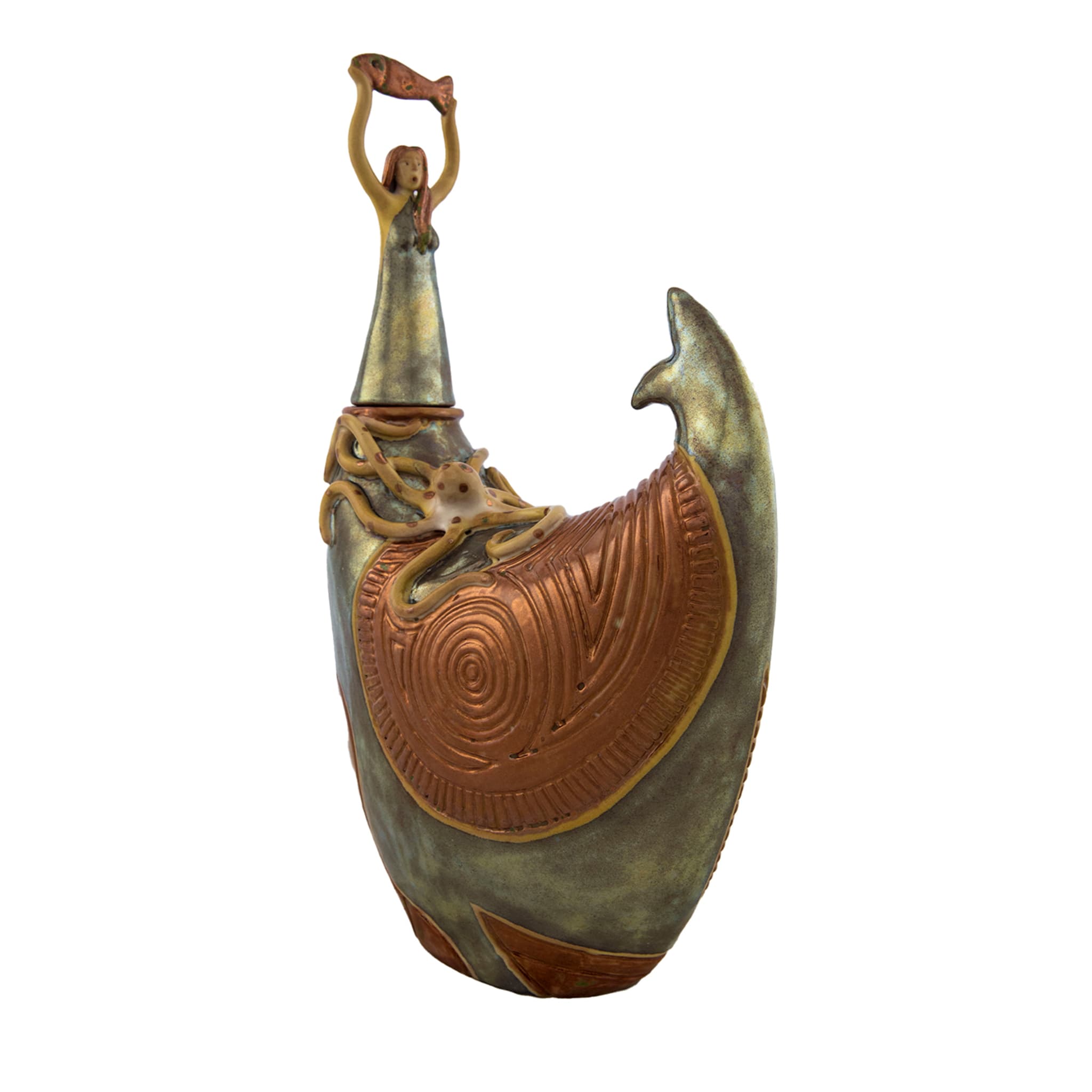 Vaso-Sirena in argento e rame lustro con coperchio - Vista principale